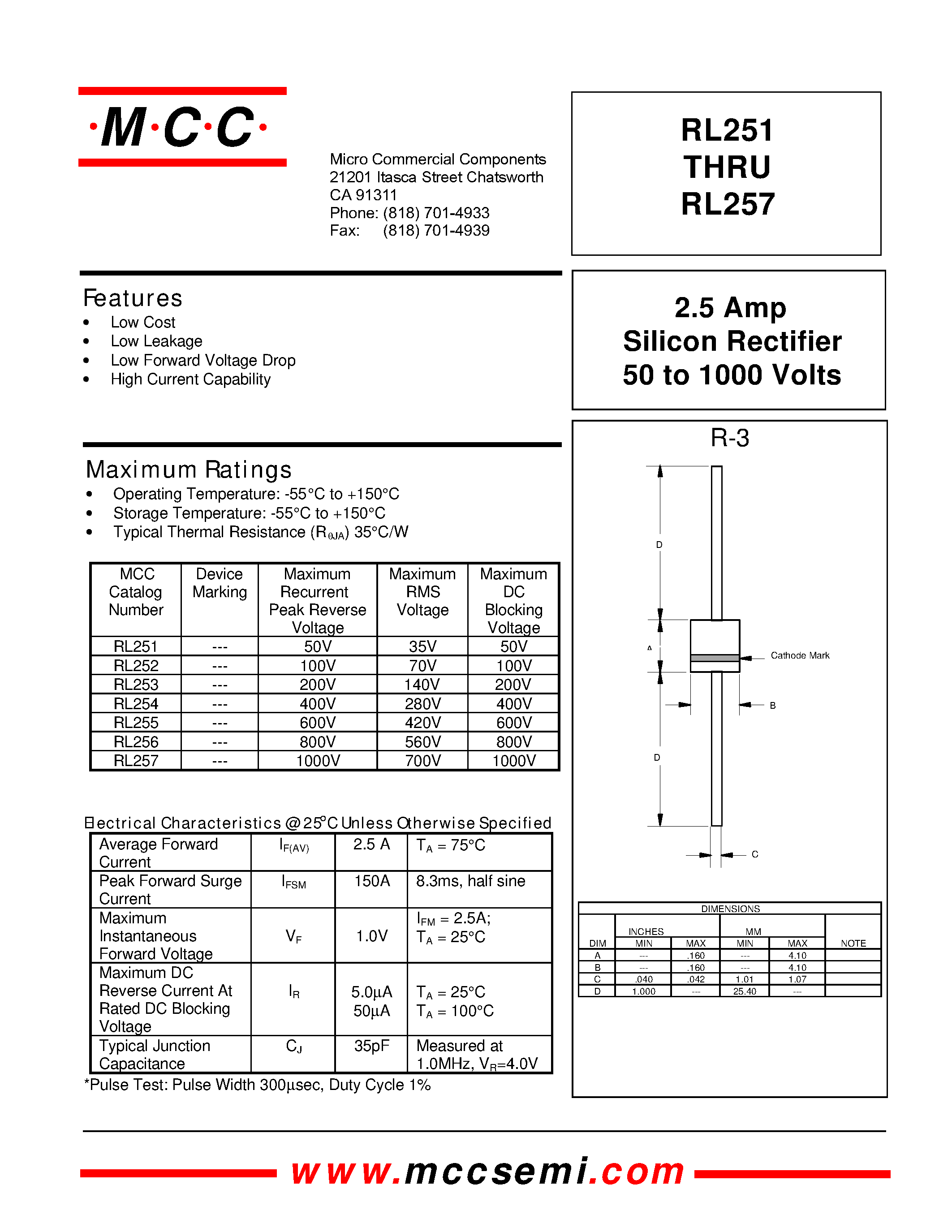 Datasheet RL254 - 2.5 Amp Silicon Rectifier 50 to 1000 Volts page 1