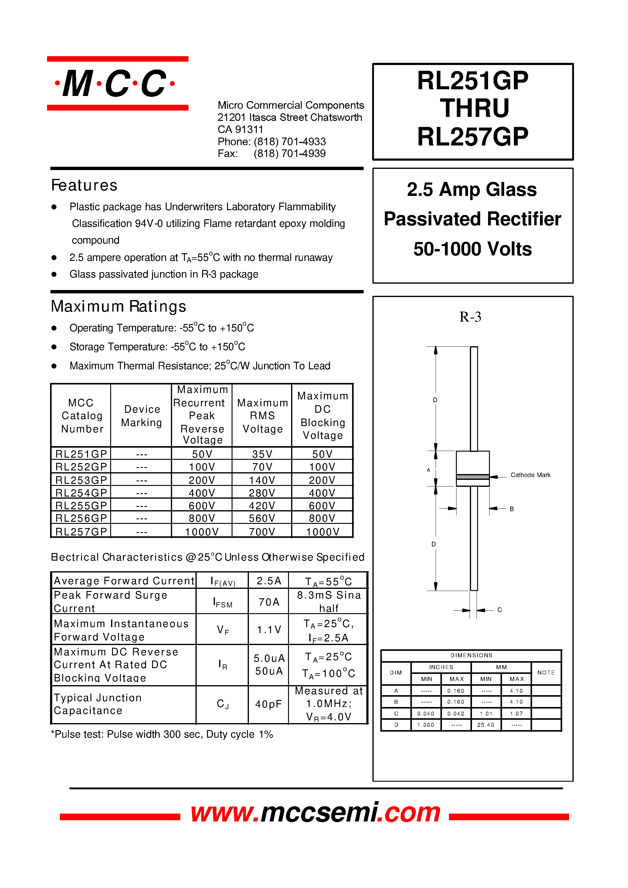 Datasheet RL256GP page 1 Datasheet RL256GP - 2.5 Amp Glass Passivated Rectifier 50-1000 Volts page 1