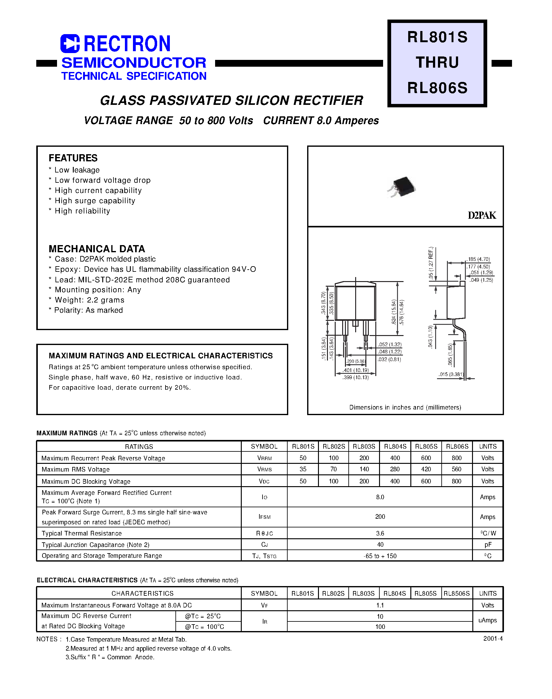Datasheet RL802S - GLASS PASSIVATED SILICON RECTIFIER (VOLTAGE RANGE 50 to 800 Volts CURRENT 8.0 Amperes) page 1