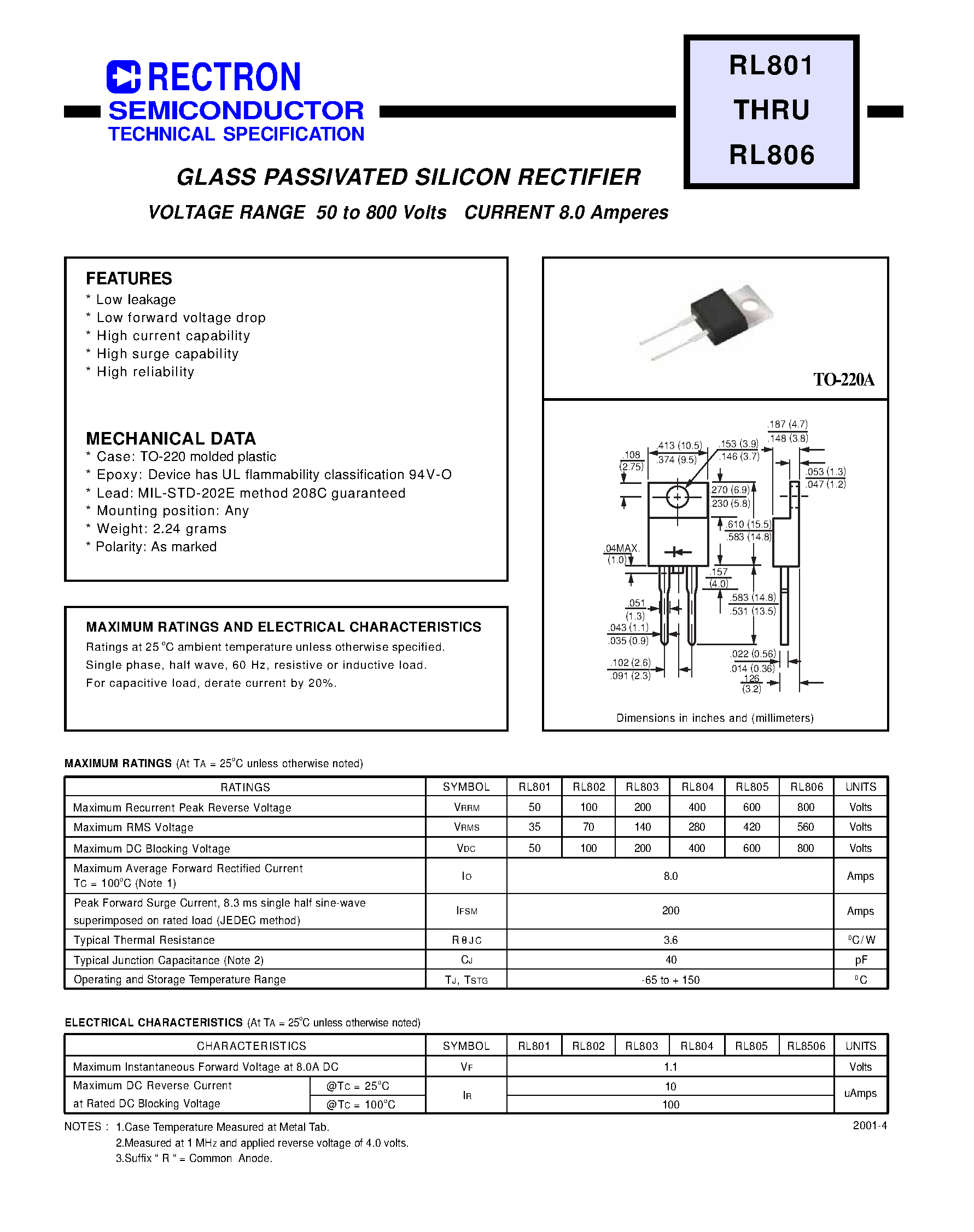 Datasheet RL804 page 1 Datasheet RL804 - GLASS PASSIVATED SILICON RECTIFIER (VOLTAGE RANGE 50 to 800 Volts CURRENT 8.0 Amperes) page 1