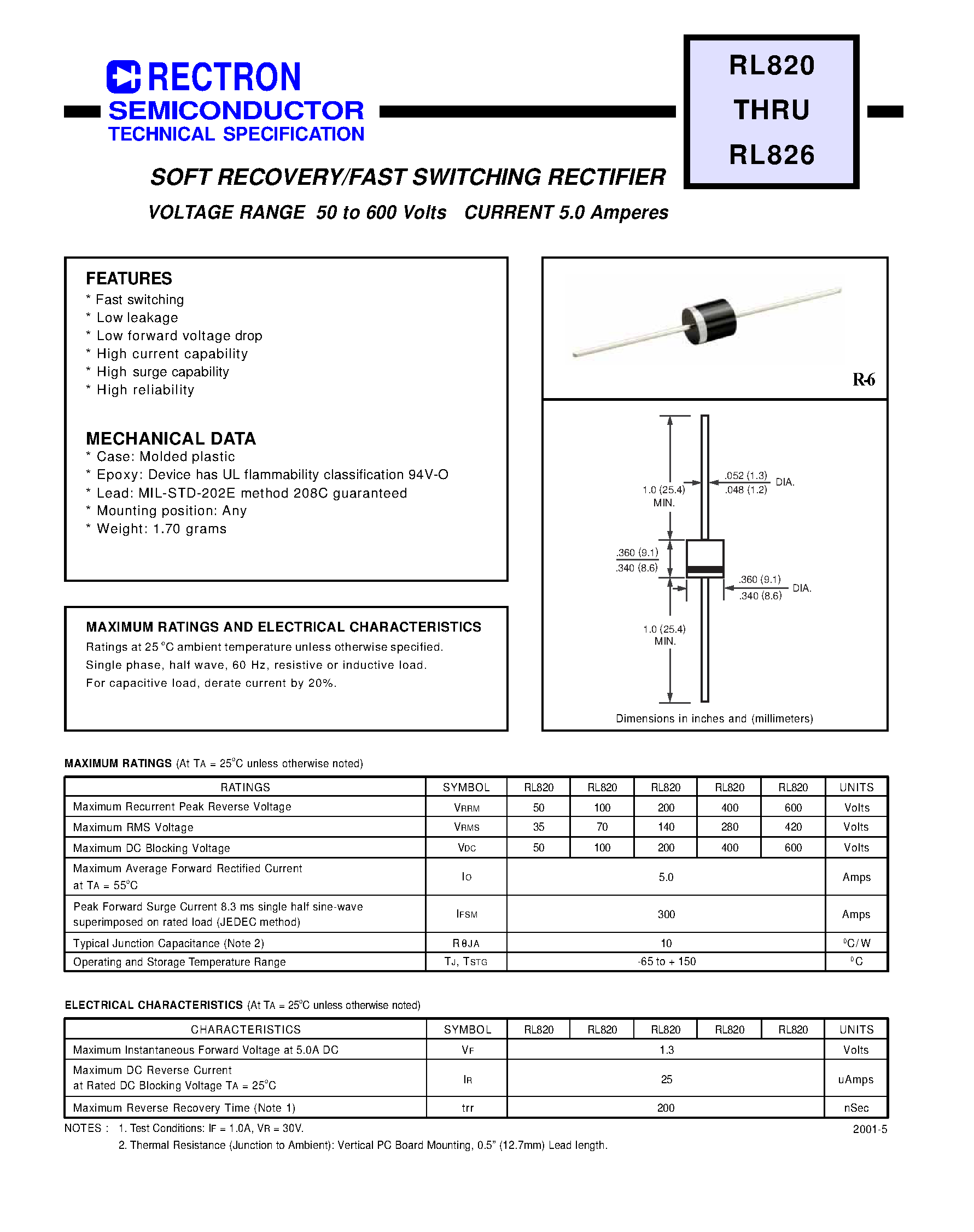 Datasheet RL826 - SOFT RECOVERY/FAST SWITCHING RECTIFIER (VOLTAGE RANGE 50 to 600 Volts CURRENT 5.0 Amperes) page 1