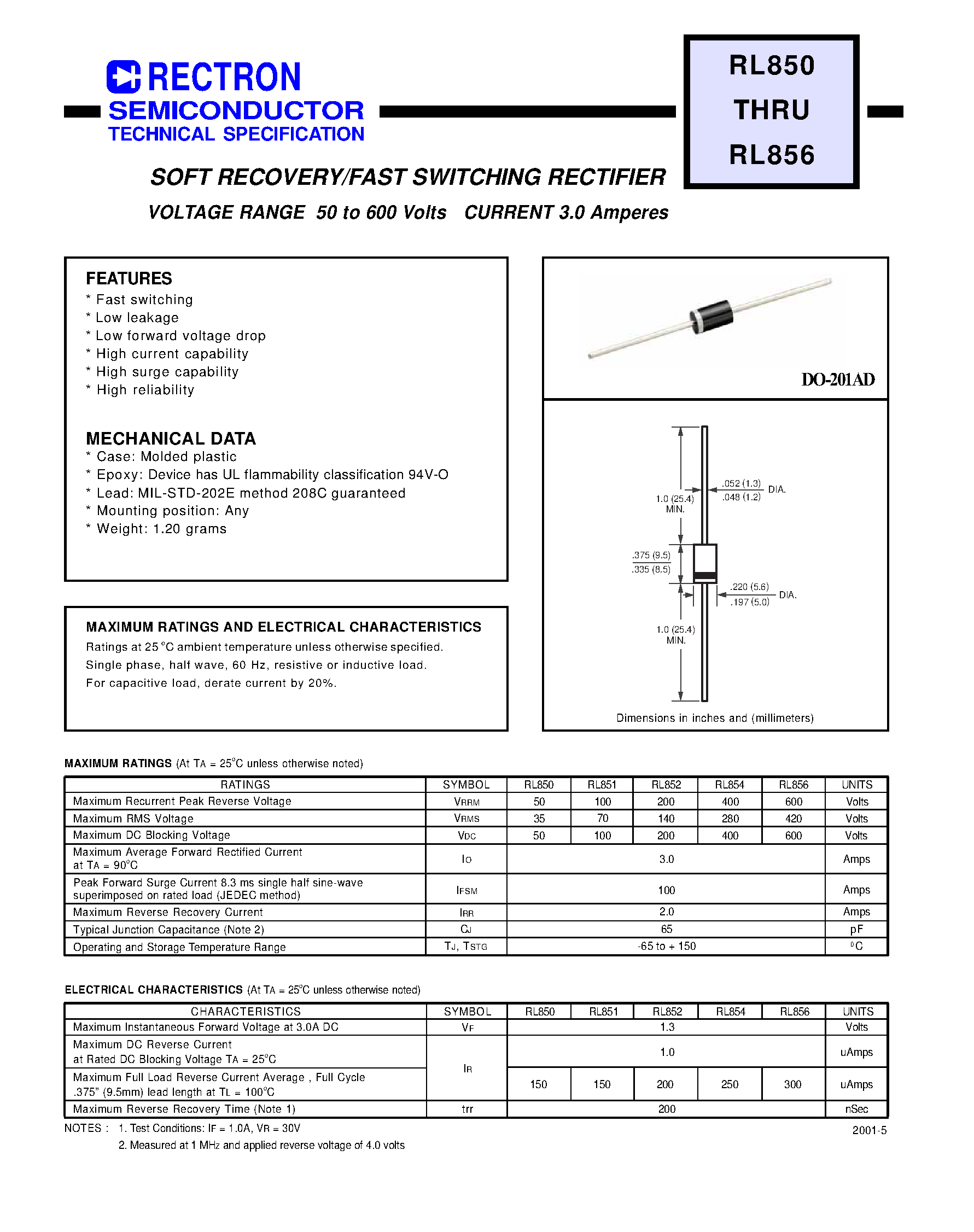 Datasheet RL852 - SOFT RECOVERY/FAST SWITCHING RECTIFIER (VOLTAGE RANGE 50 to 600 Volts CURRENT 3.0 Amperes) page 1
