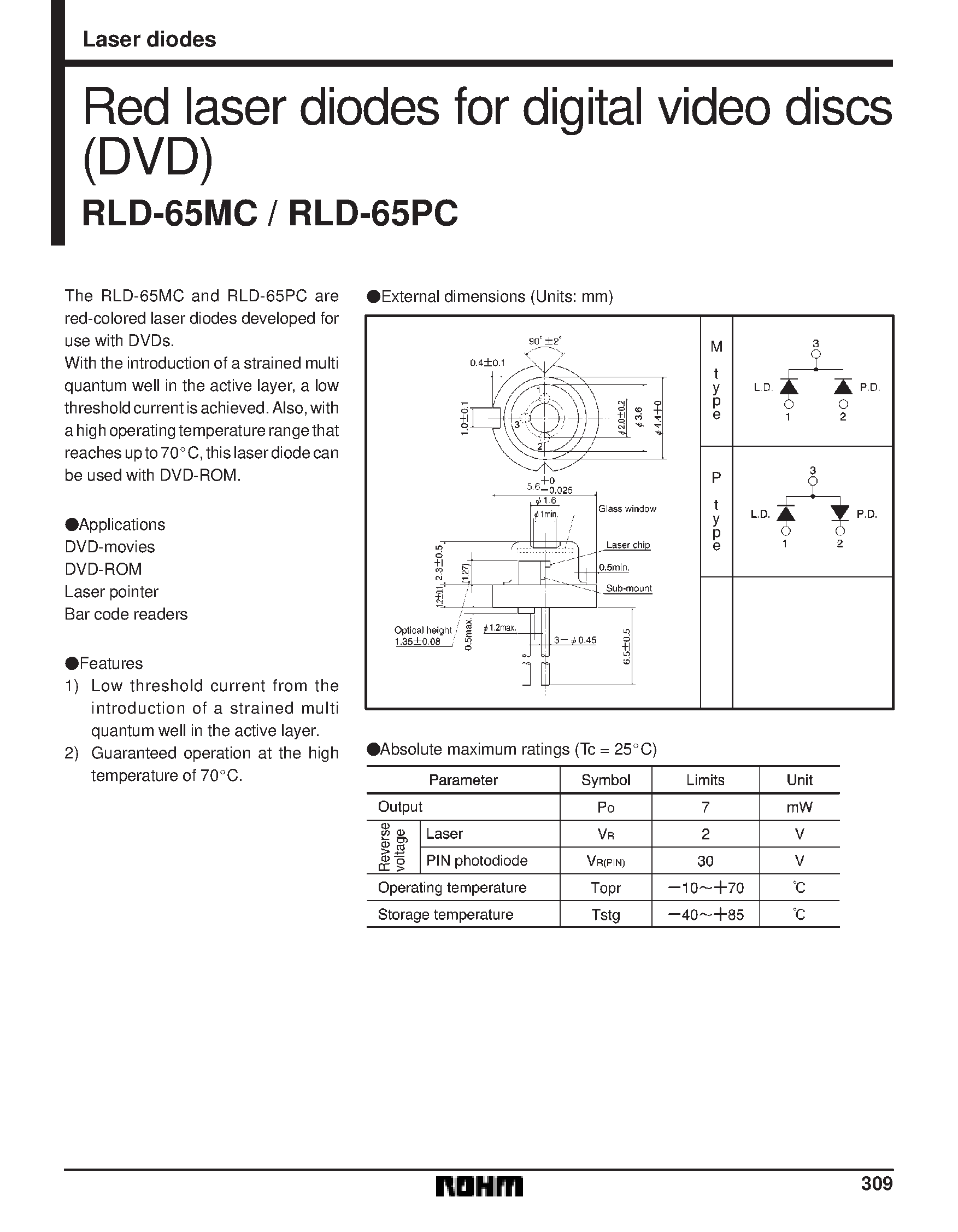Даташит на микросхему RLD-65MC страница 1 Даташит RLD-65MC - Red laser diodes for digital video discs(DVD) страница 1