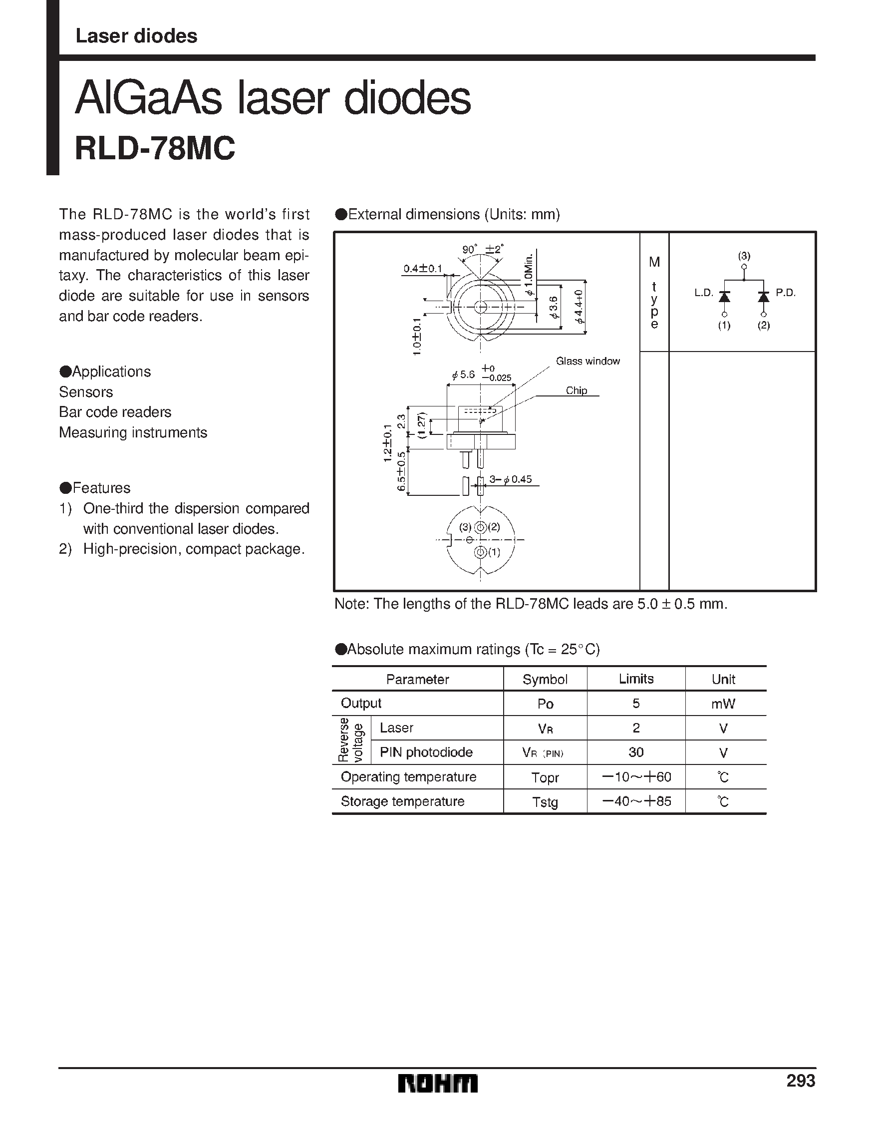 Даташит на микросхему RLD-78MC страница 1 Даташит RLD-78MC - AlGaAs laser diodes страница 1