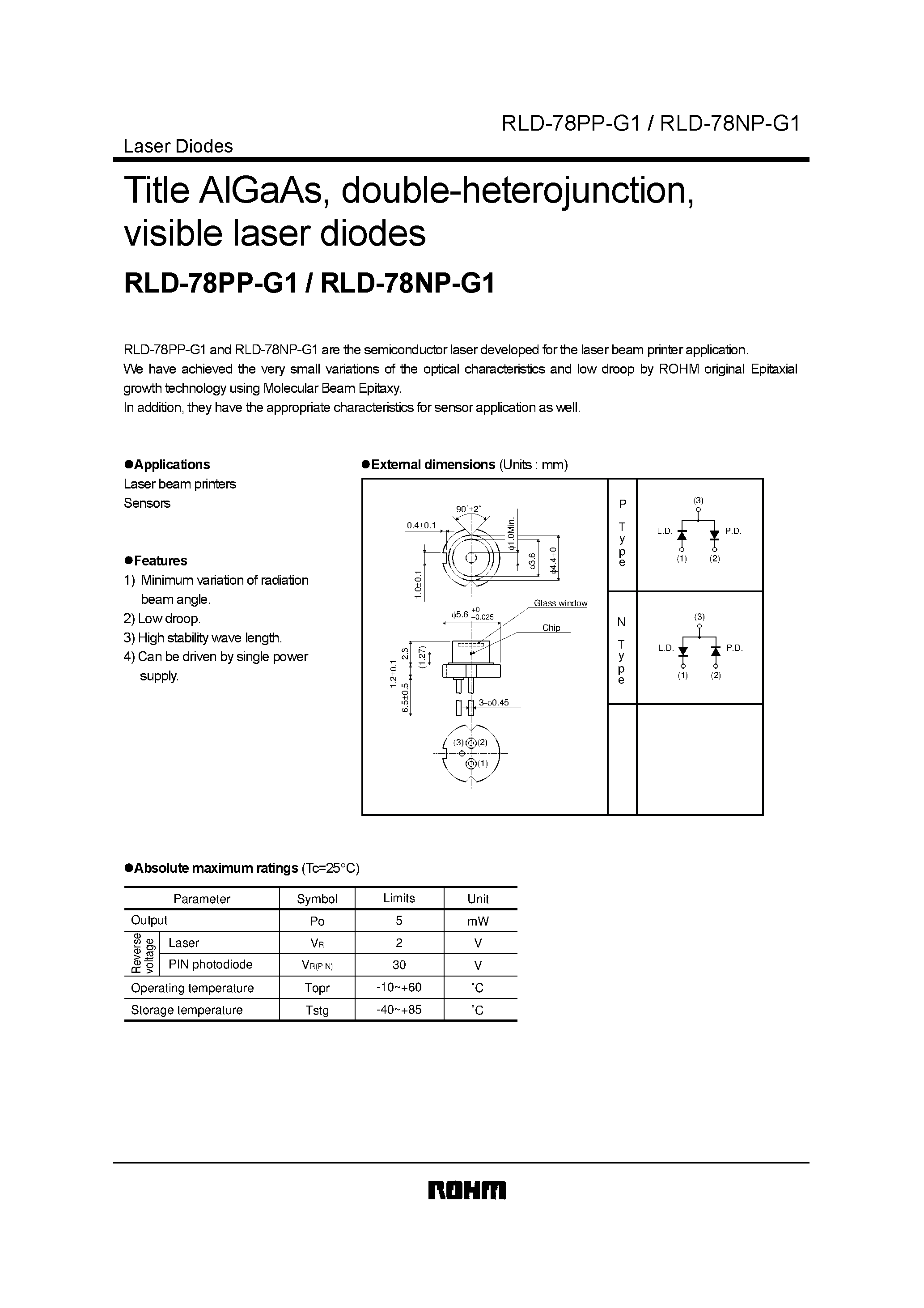 Даташит на микросхему RLD-78PP-G1 страница 1 Даташит RLD-78PP-G1 - Title AlGaAs/ double-heterojunction/ visible laser diodes страница 1