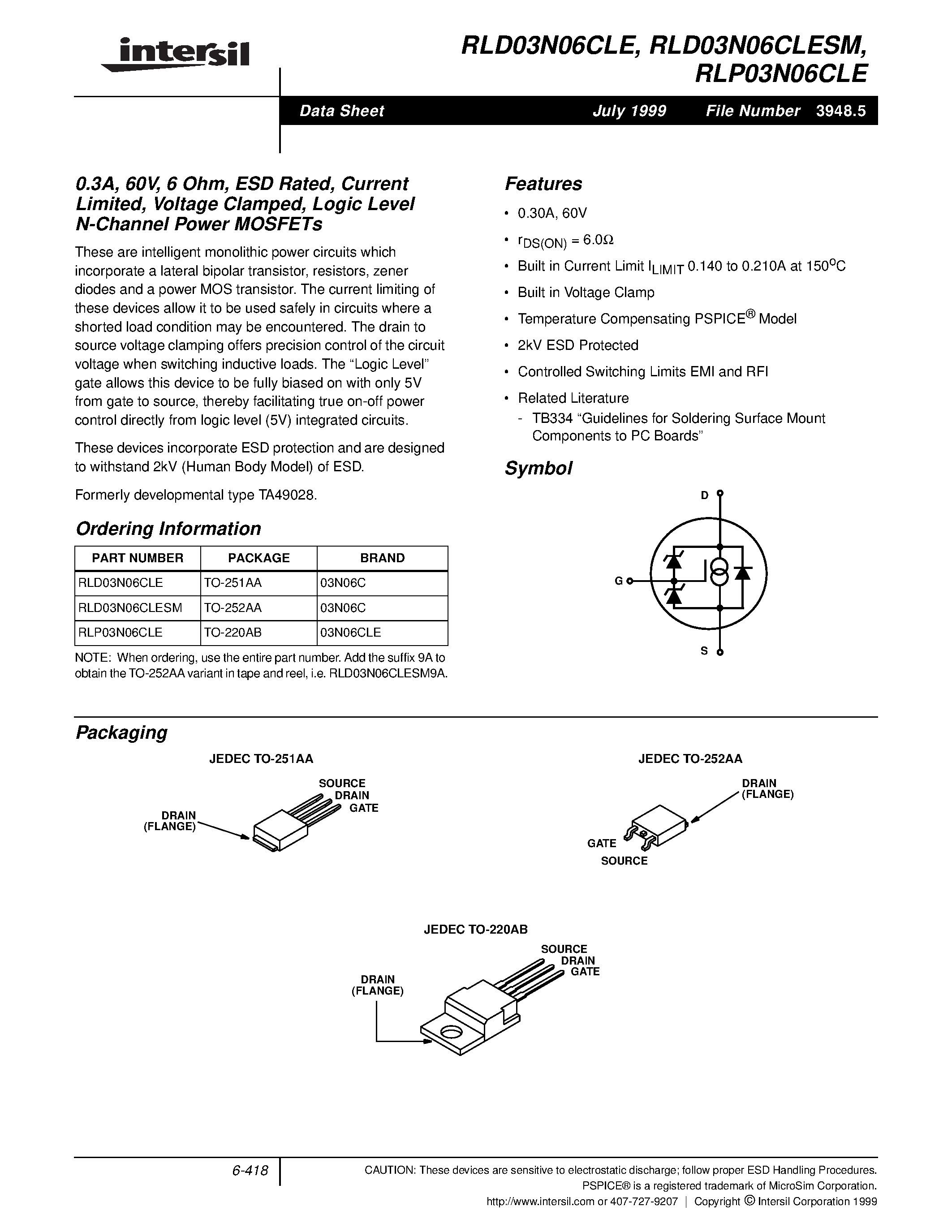 Datasheet RLD03N06CLESM - 0.3A/ 60V/ 6 Ohm/ ESD Rated/ Current Limited/ Voltage Clamped/ Logic Level N-Channel Power MOSFETs page 1