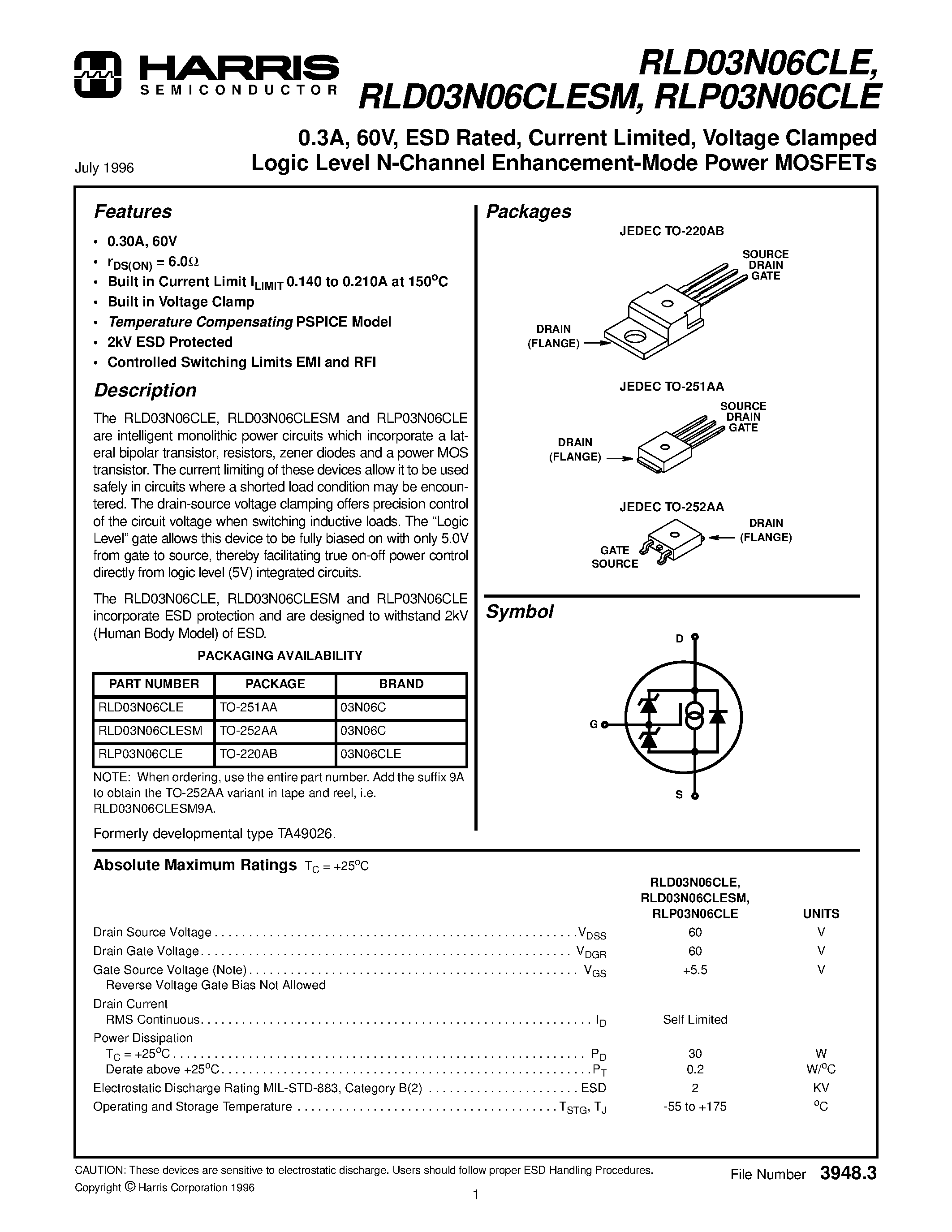 Datasheet RLP03N06CLE - 0.3A/ 60V/ ESD Rated/ Current Limited/ Voltage Clamped Logic Level N-Channel Enhancement-Mode Power MOSFETs page 1