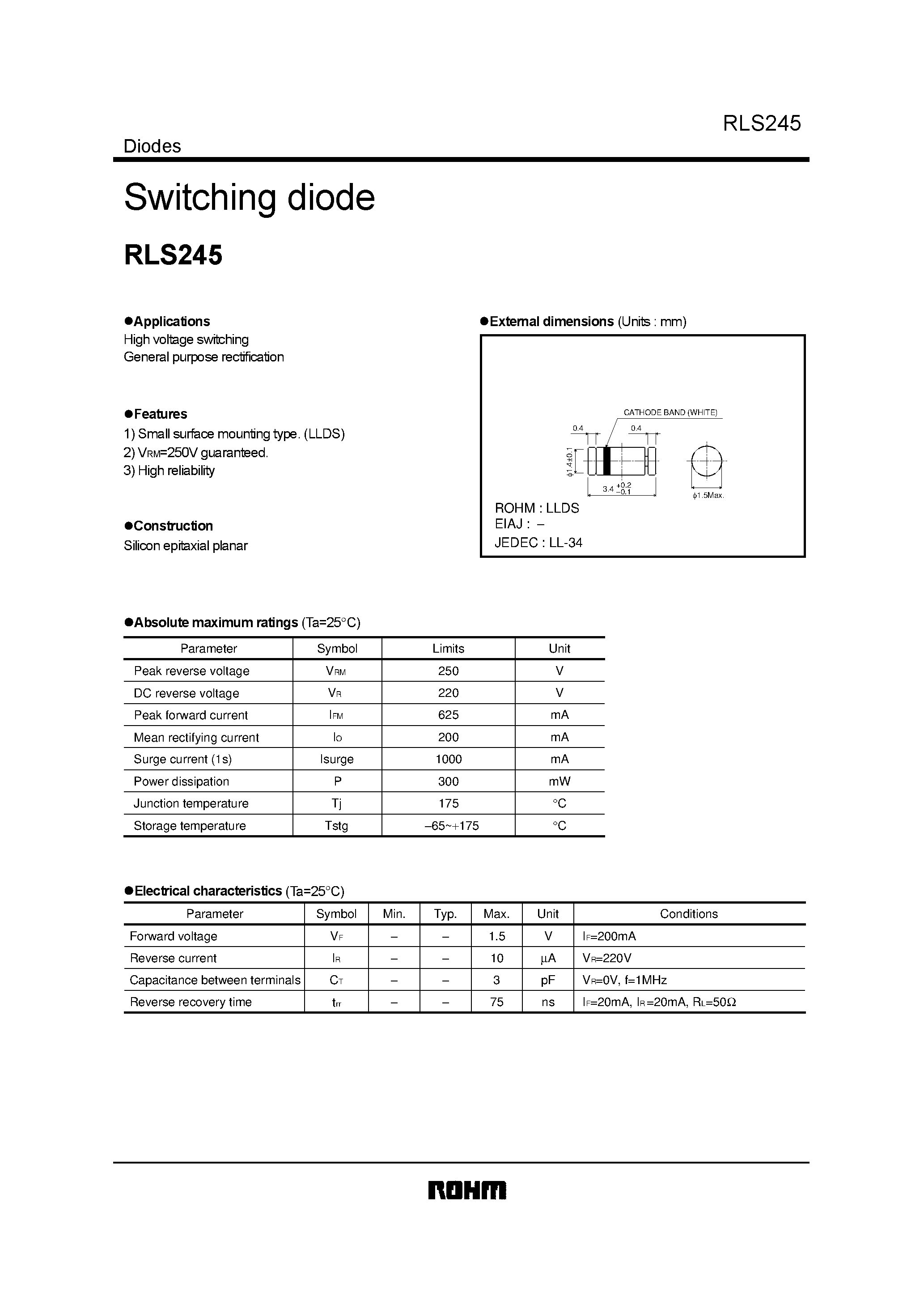Datasheet RLS245 page 1 Datasheet RLS245 - Switching diode page 1