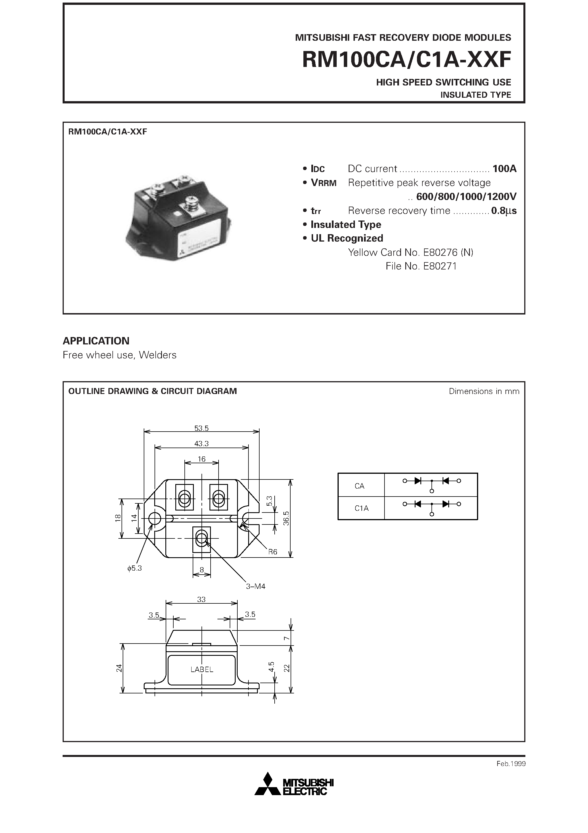 Datasheet RM100 page 1 Datasheet RM100 - HIGH SPEED SWITCHING USE INSULATED TYPE page 1
