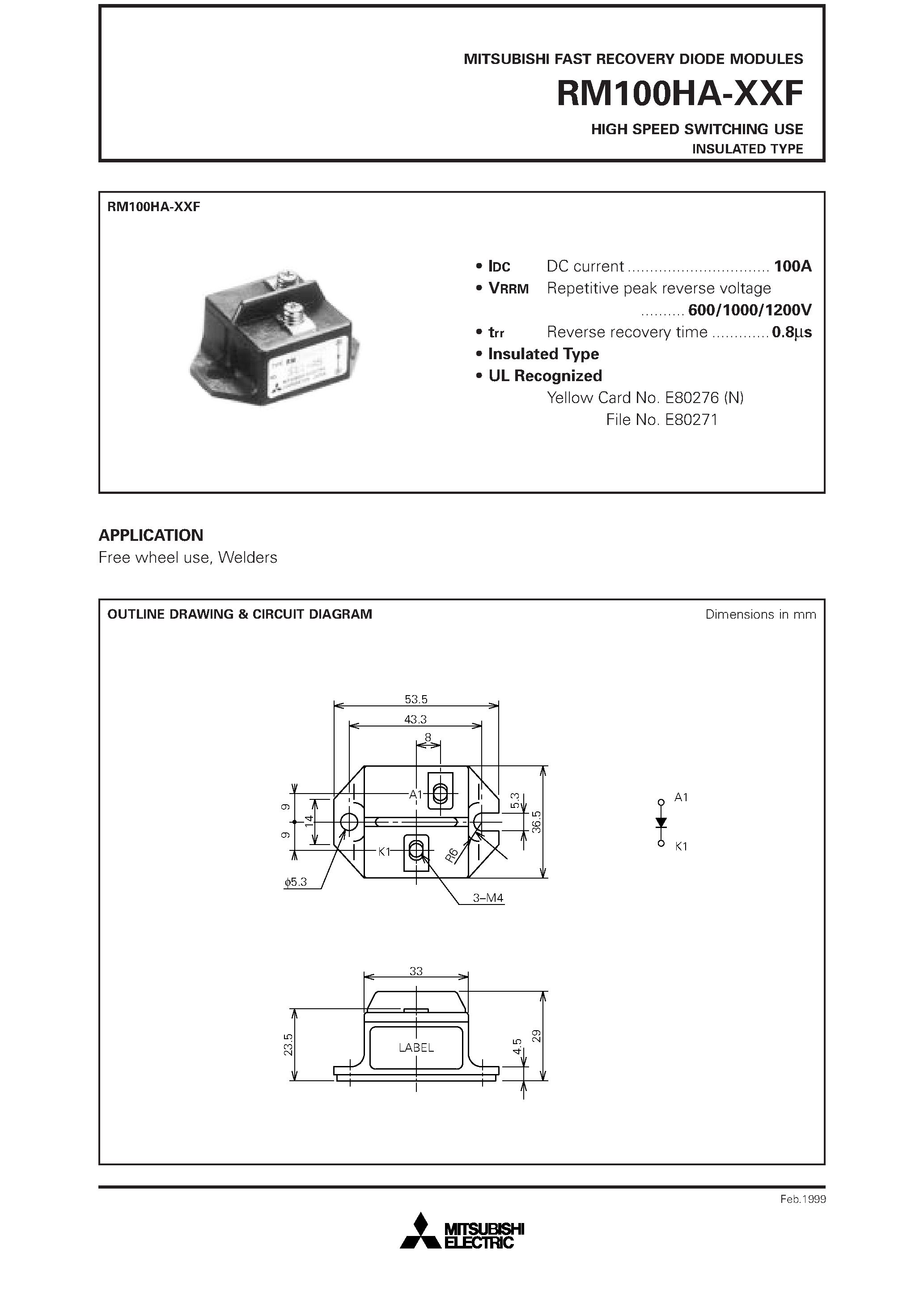 Datasheet RM100HA-XXF page 1 Datasheet RM100HA-XXF - HIGH SPEED SWITCHING USE INSULATED TYPE page 1