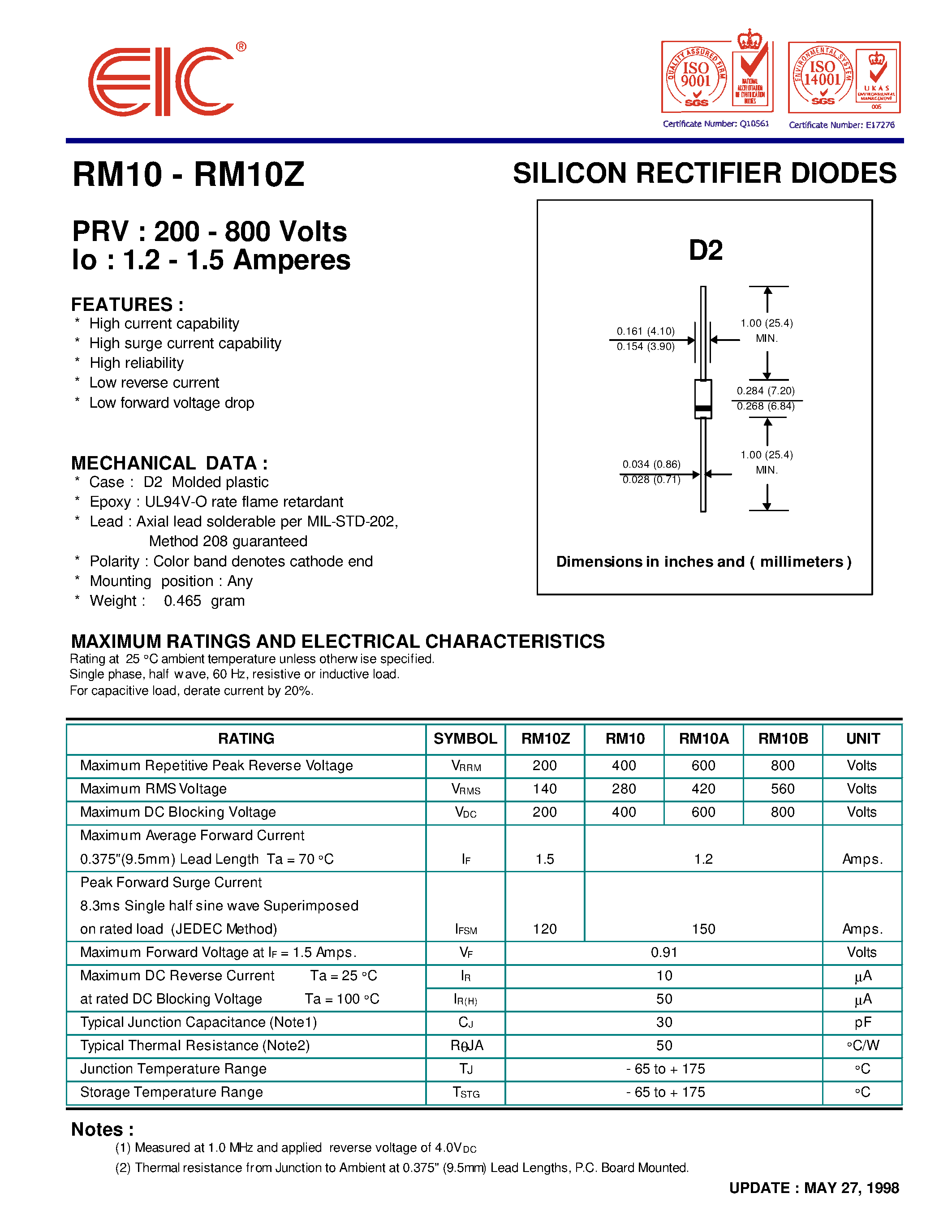 Даташит на микросхему RM10A страница 1 Даташит RM10A - SILICON RECTIFIER DIODES страница 1