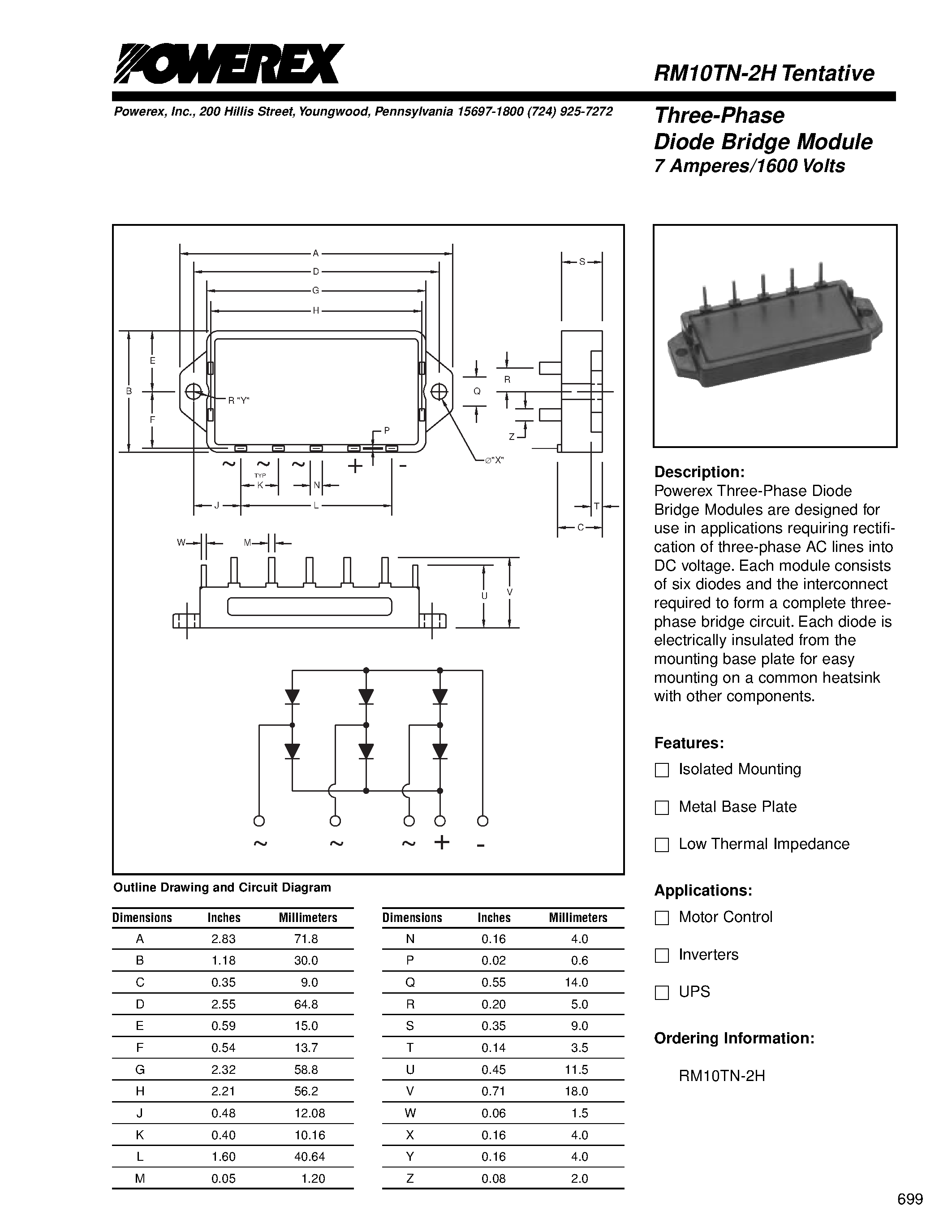 Даташит на микросхему RM10TN-2H страница 1 Даташит RM10TN-2H - Three Phase Diode Bridge Module (7 Amperes/1600 Volts) страница 1