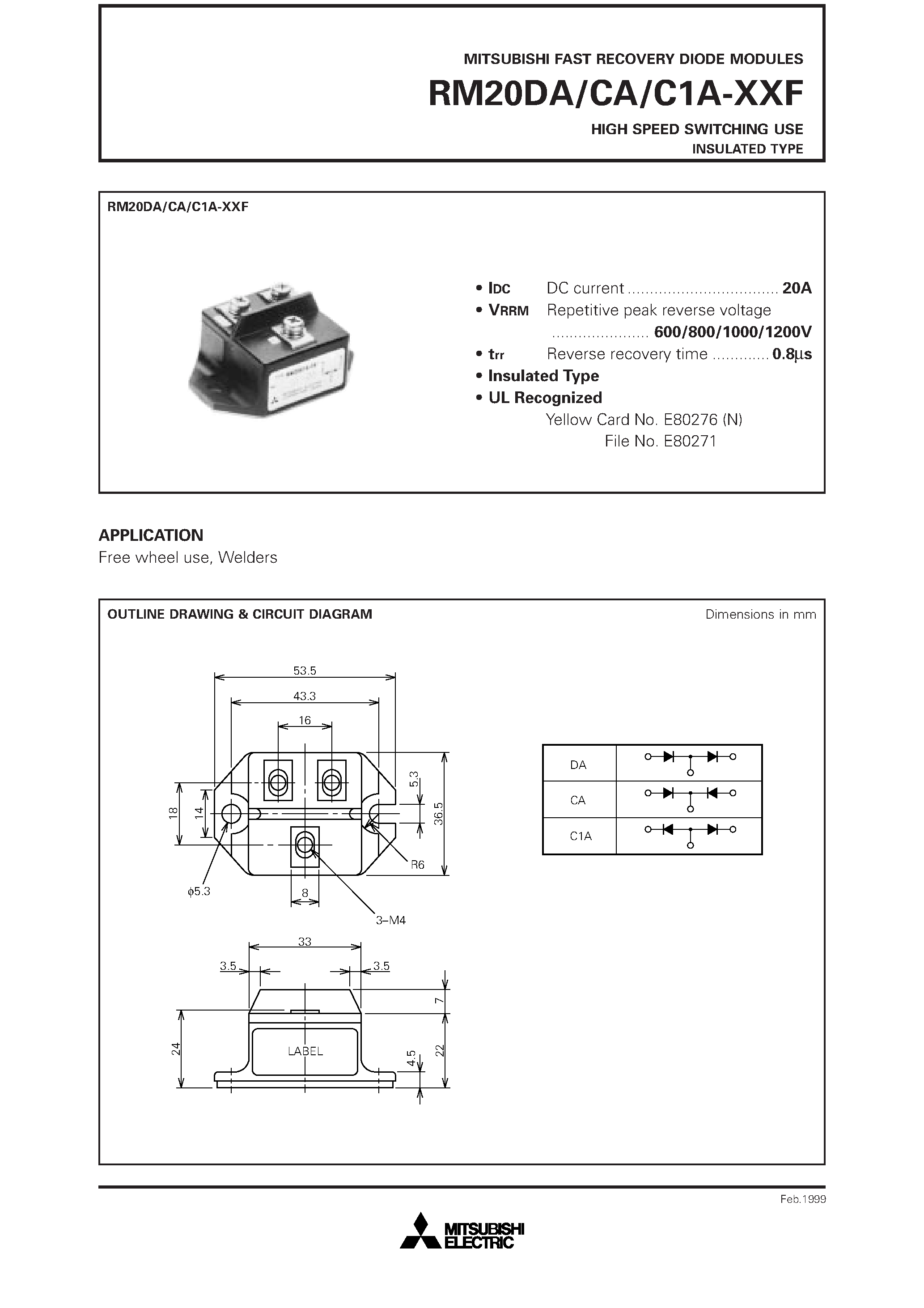 Datasheet RM20DA-XXF - HIGH SPEED SWITCHING USE INSULATED TYPE page 1