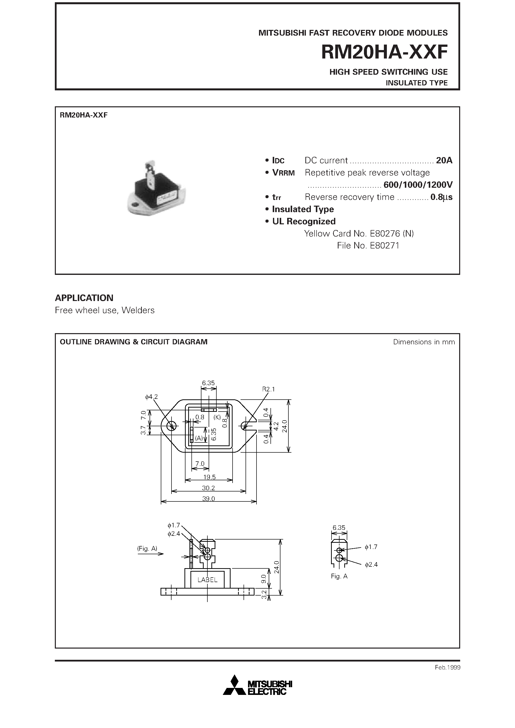 Datasheet RM20HA-XXF - HIGH SPEED SWITCHING USE INSULATED TYPE page 1