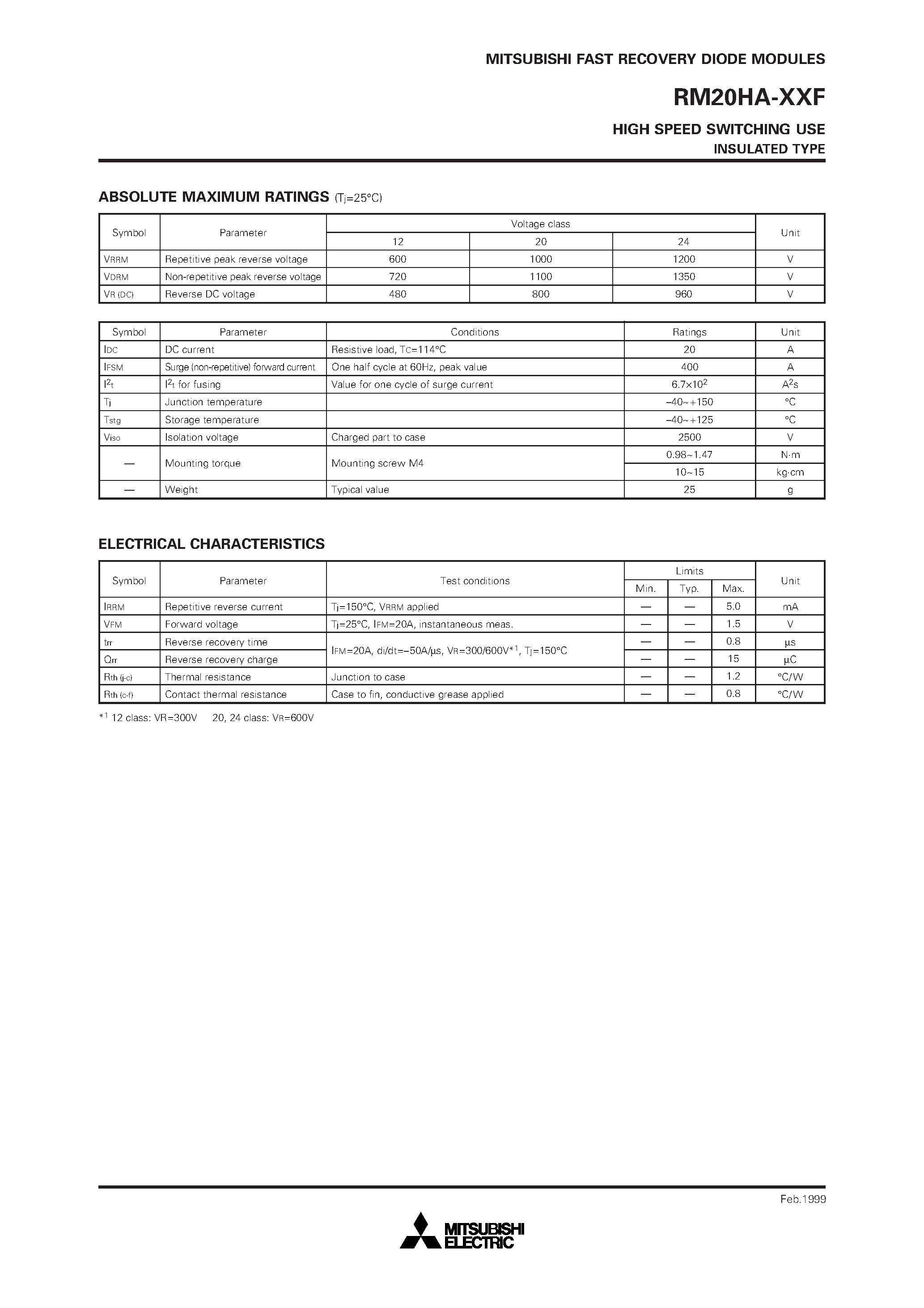 Datasheet RM20HA-XXF - HIGH SPEED SWITCHING USE INSULATED TYPE page 2