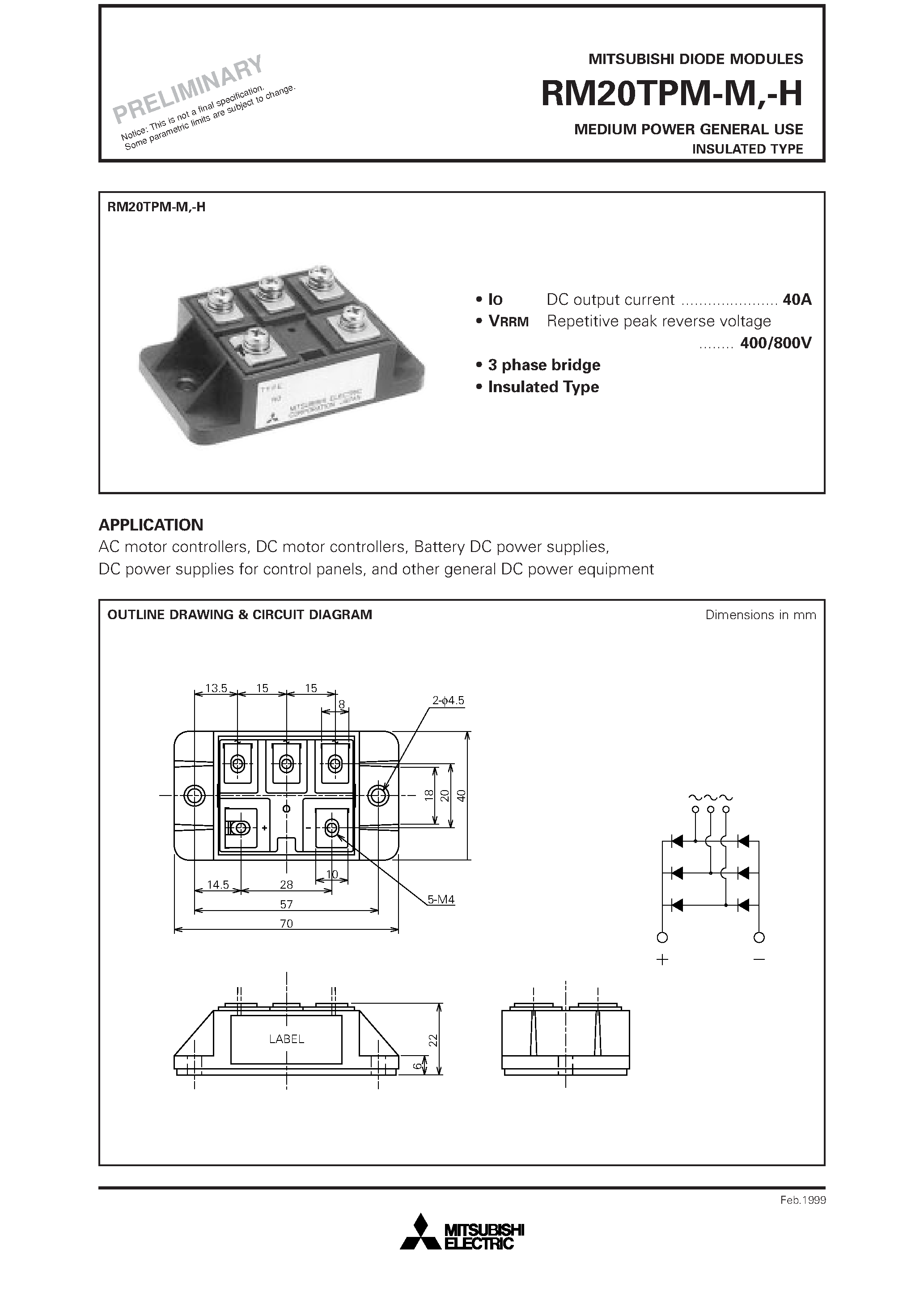 Datasheet RM20TPM-H - MEDIUM POWER GENERAL USE INSULATED TYPE page 1