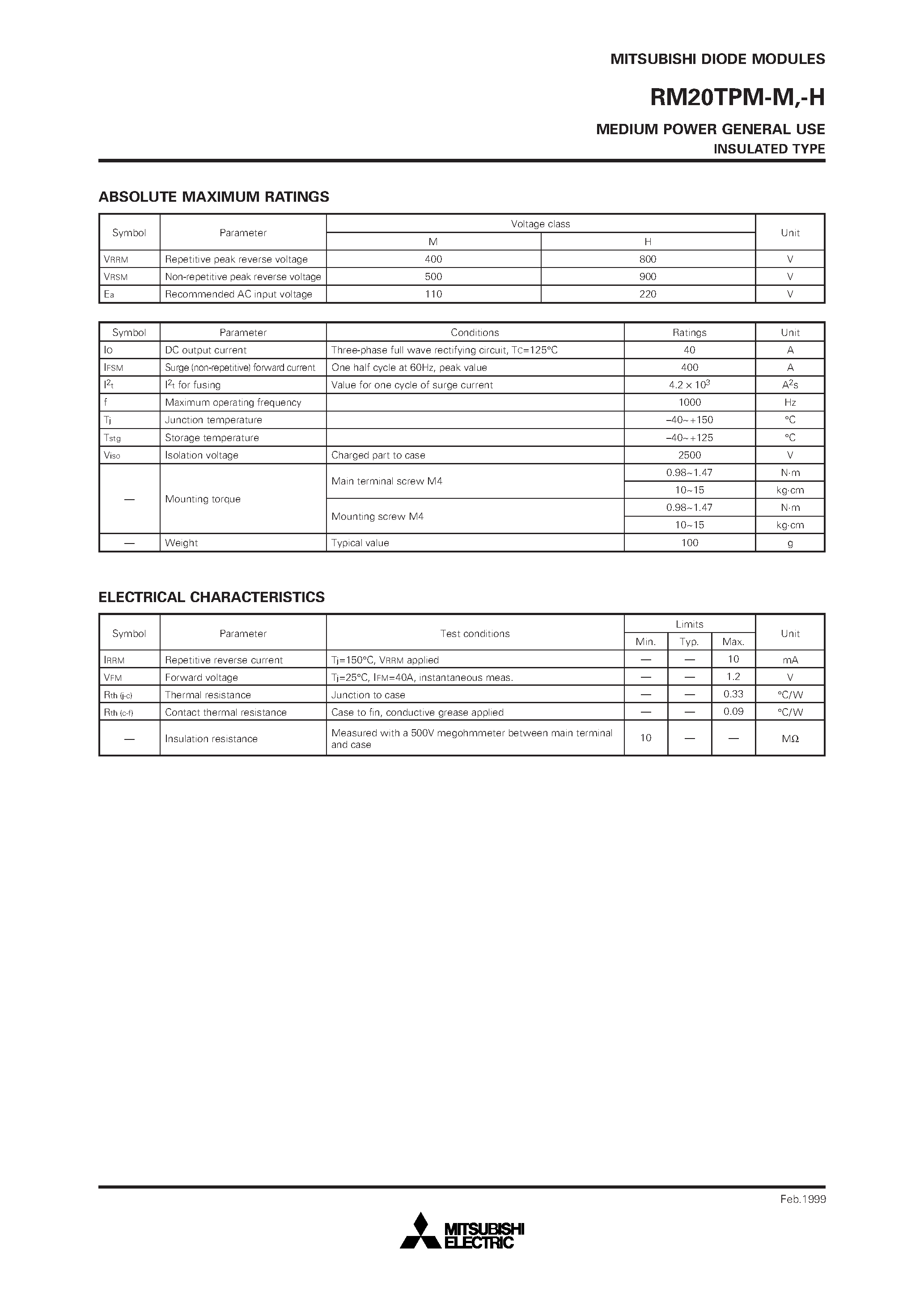 Datasheet RM20TPM-H - MEDIUM POWER GENERAL USE INSULATED TYPE page 2