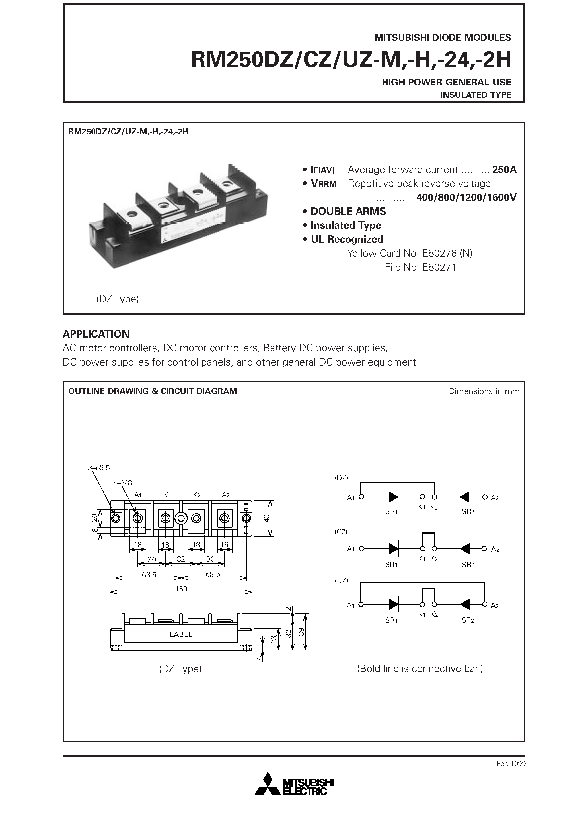 Datasheet RM250DZ-H - HIGH POWER GENERAL USE INSULATED TYPE page 1