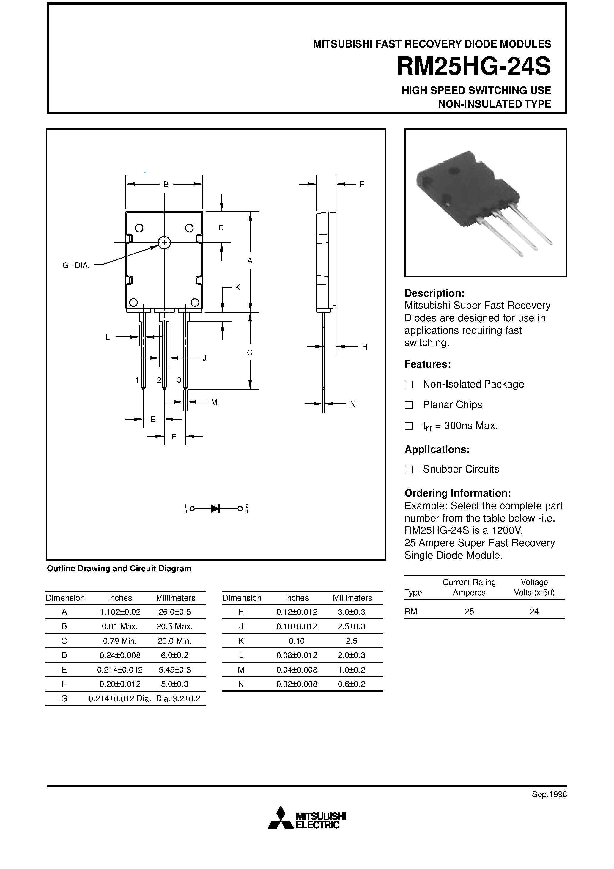 Datasheet RM25HG-24S - HIGH SPEED SWITCHING USE NON-INSULATED TYPE page 1