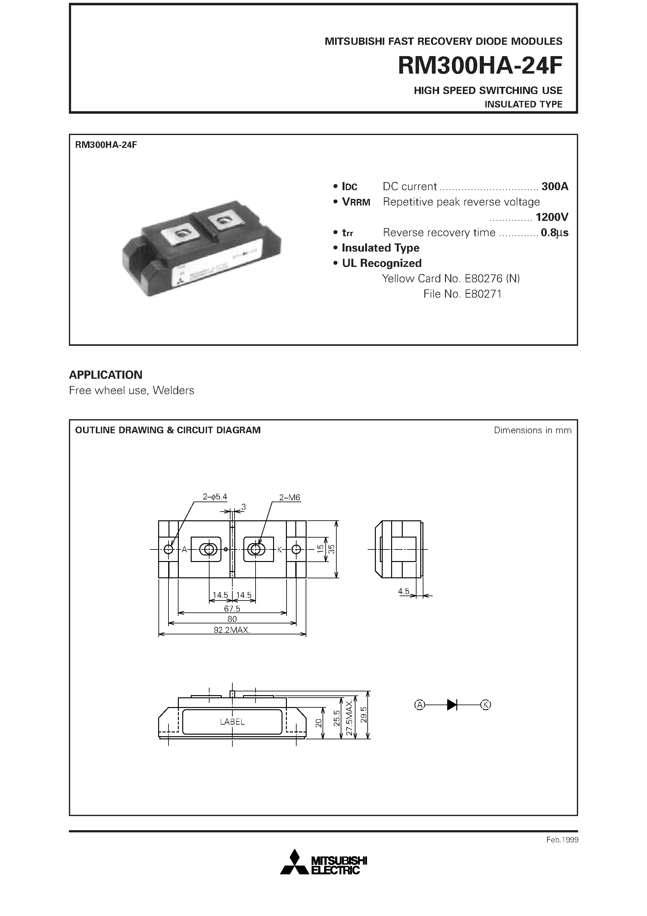 Datasheet RM300HA-24F - HIGH SPEED SWITCHING USE INSULATED TYPE page 1