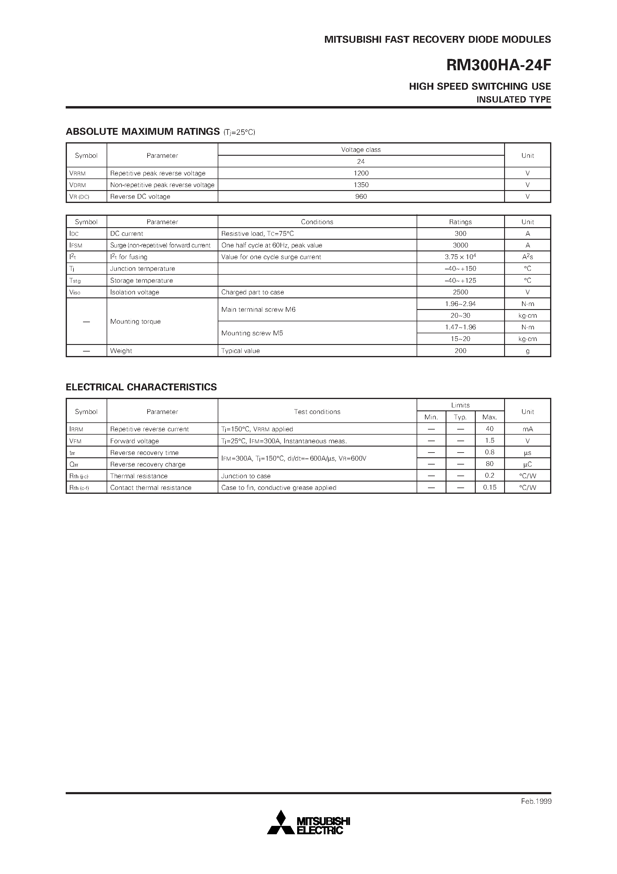 Datasheet RM300HA-24F - HIGH SPEED SWITCHING USE INSULATED TYPE page 2