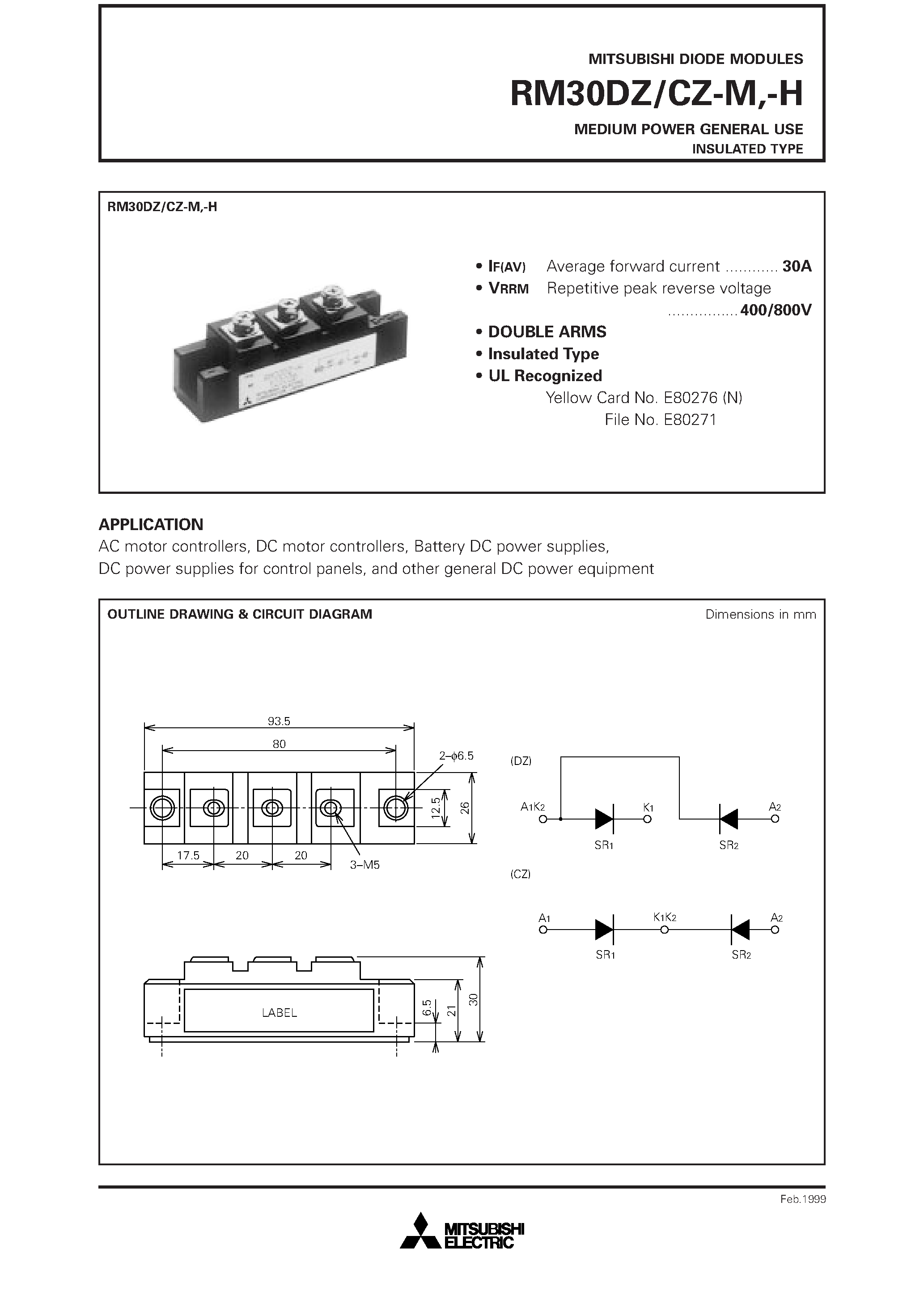 Datasheet RM30CZ-H page 1 Datasheet RM30CZ-H - MEDIUM POWER GENERAL USE INSULATED TYPE page 1
