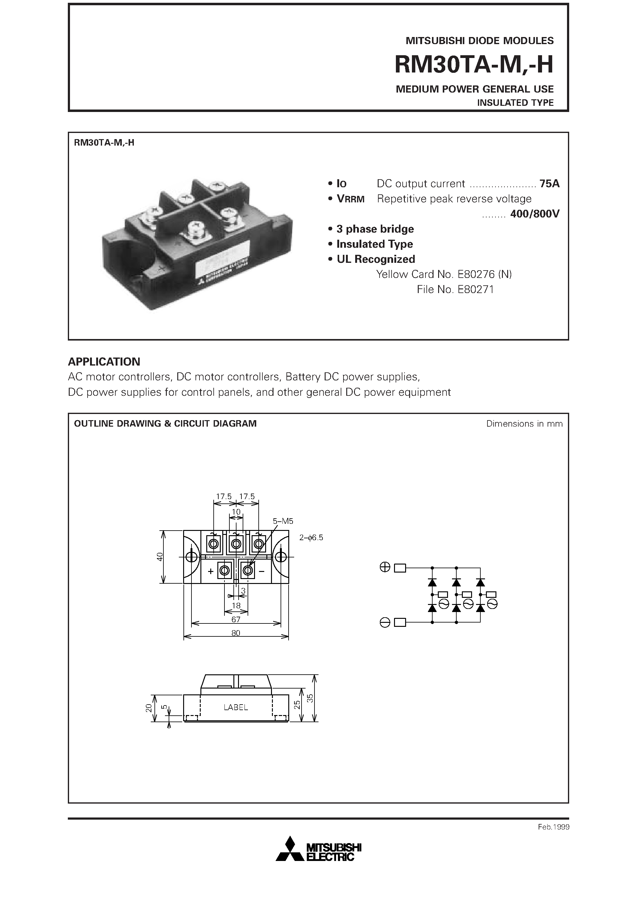 Даташит RM30TA-M - MEDIUM POWER GENERAL USE INSULATED TYPE страница 1