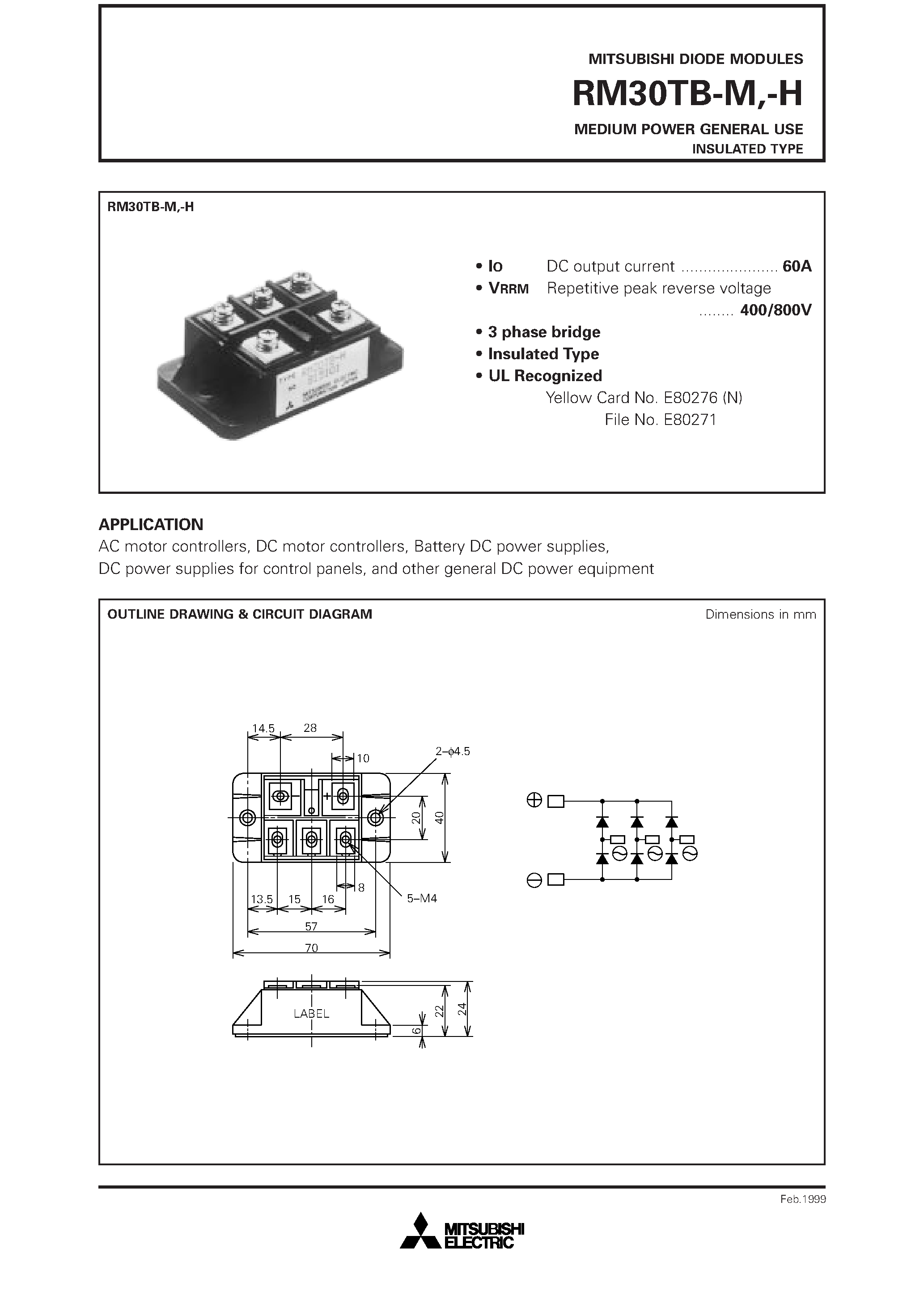 Datasheet RM30TB-H - MEDIUM POWER GENERAL USE INSULATED TYPE page 1