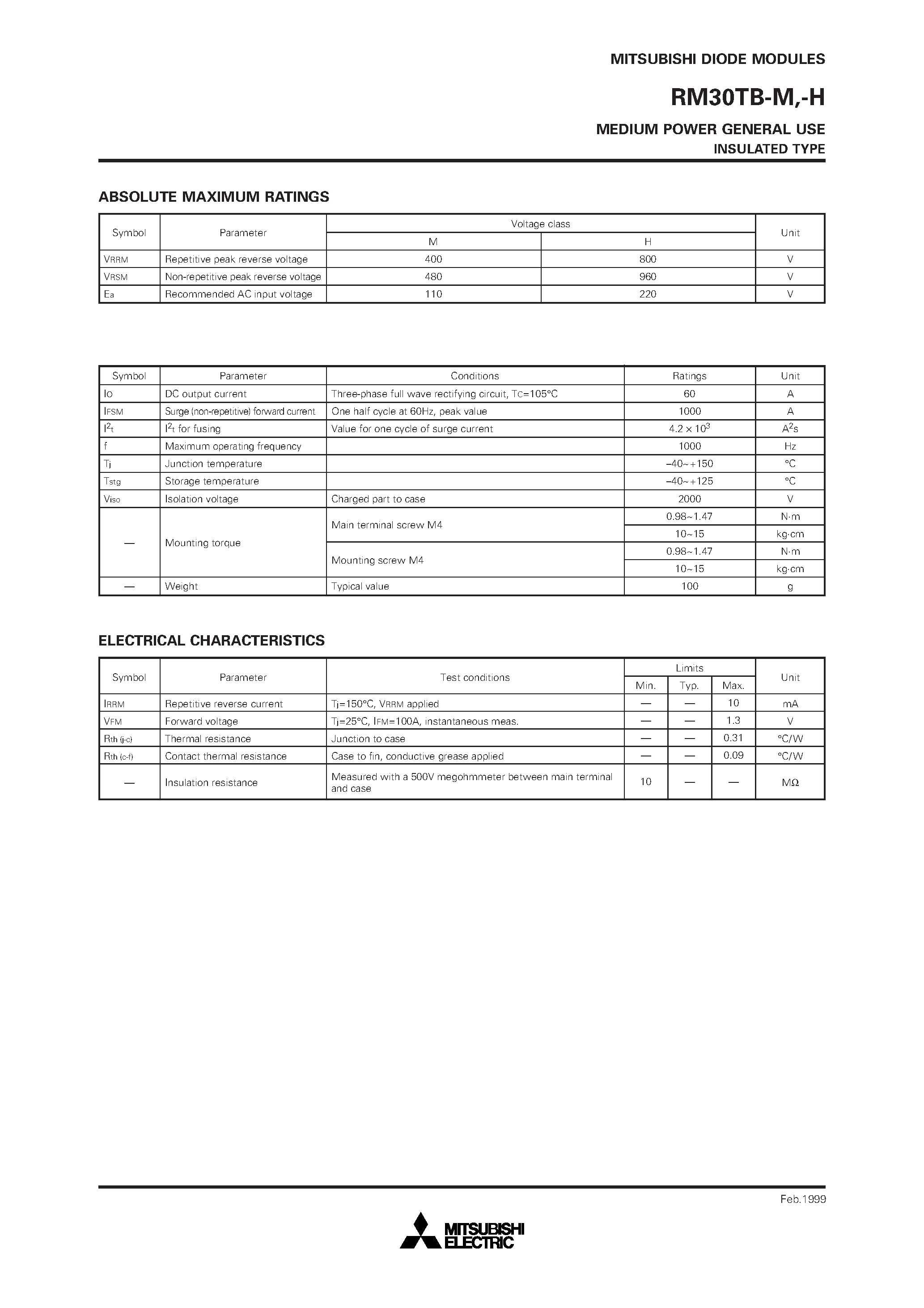 Datasheet RM30TB-H - MEDIUM POWER GENERAL USE INSULATED TYPE page 2
