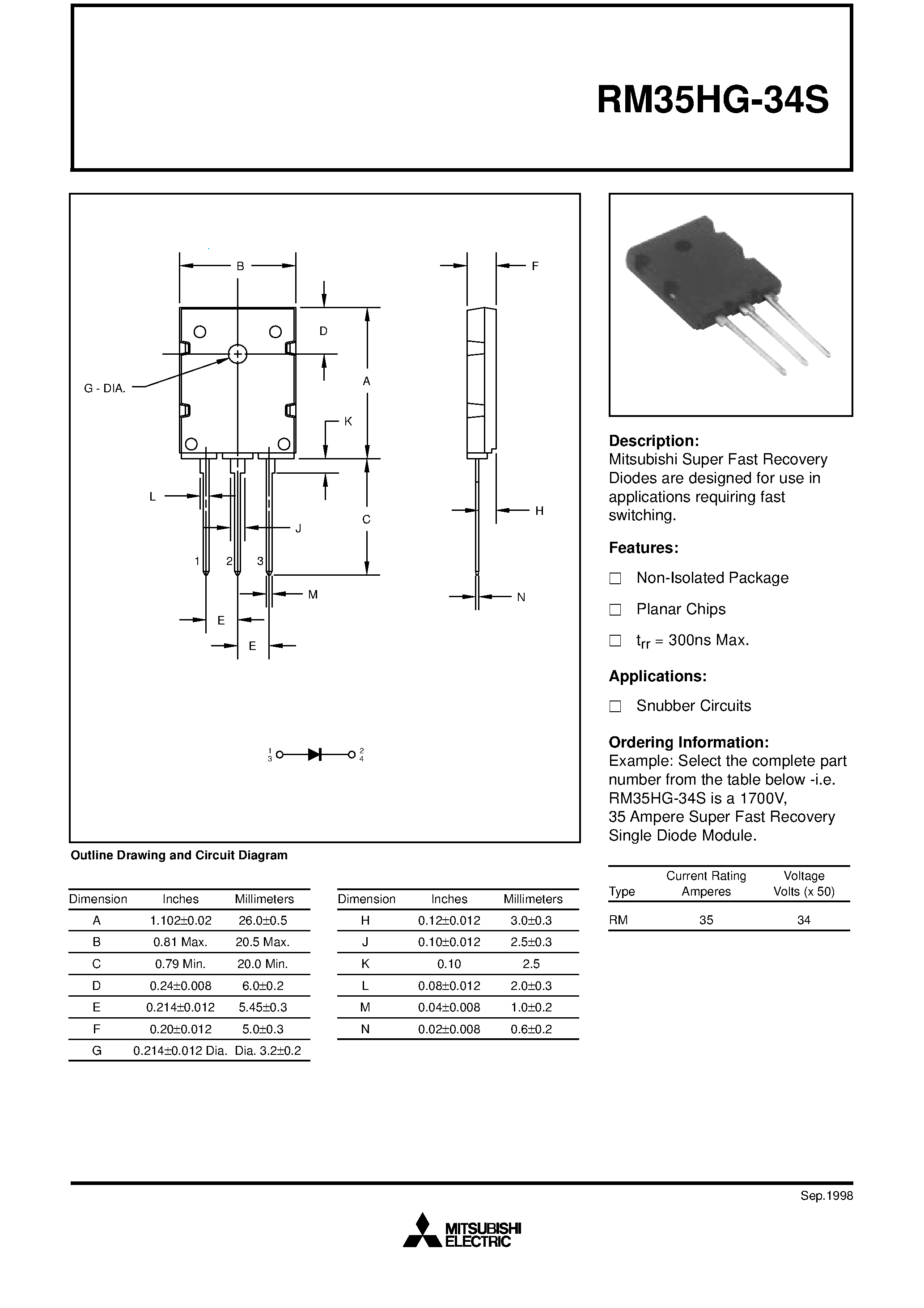 Даташит на микросхему RM35HG-34S страница 1 Даташит RM35HG-34S - Super Fast Recovery Diodes страница 1