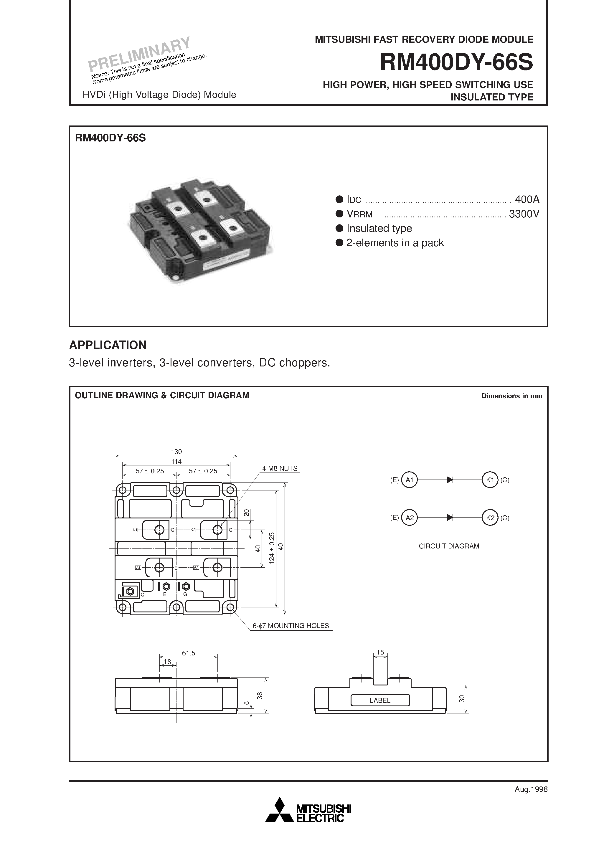 Datasheet RM400DY-66S - HIGH POWER/ HIGH SPEED SWITCHING USE INSULATED TYPE page 1