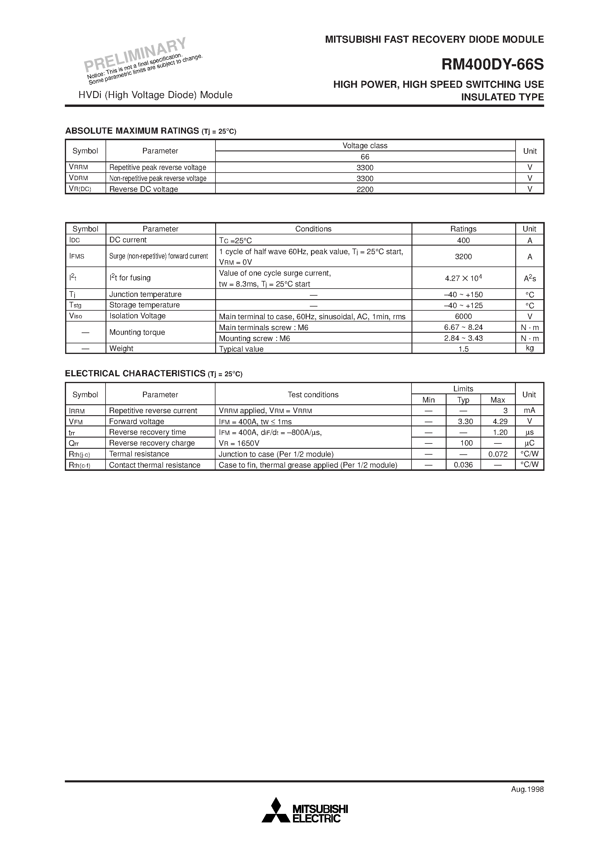Datasheet RM400DY-66S - HIGH POWER/ HIGH SPEED SWITCHING USE INSULATED TYPE page 2