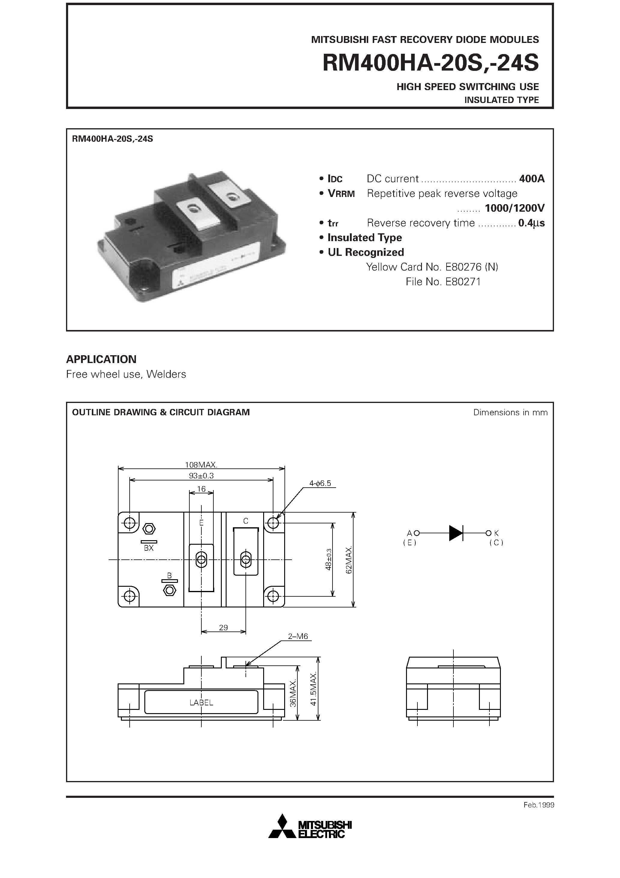 Datasheet RM400HA-20S - HIGH SPEED SWITCHING USE INSULATED TYPE page 1