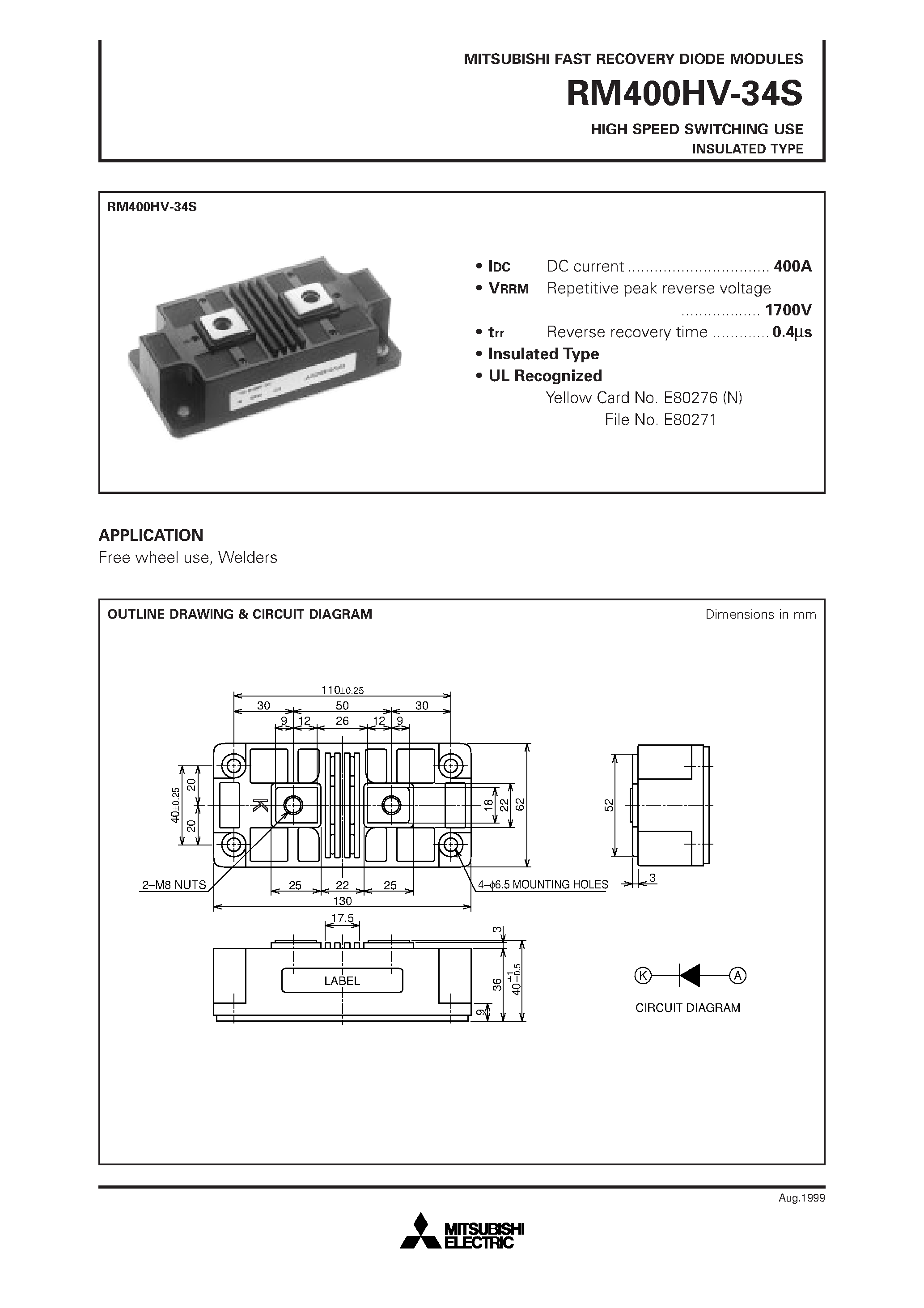 Datasheet RM400HV-34S - HIGH SPEED SWITCHING USE INSULATED TYPE page 1