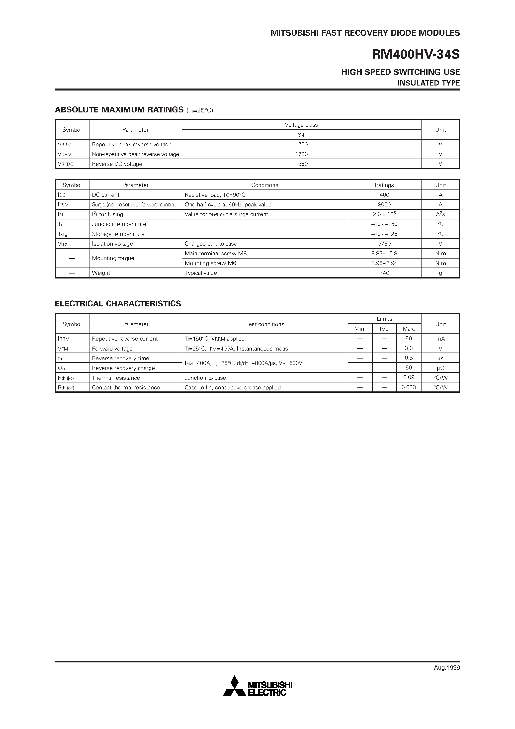 Datasheet RM400HV-34S - HIGH SPEED SWITCHING USE INSULATED TYPE page 2