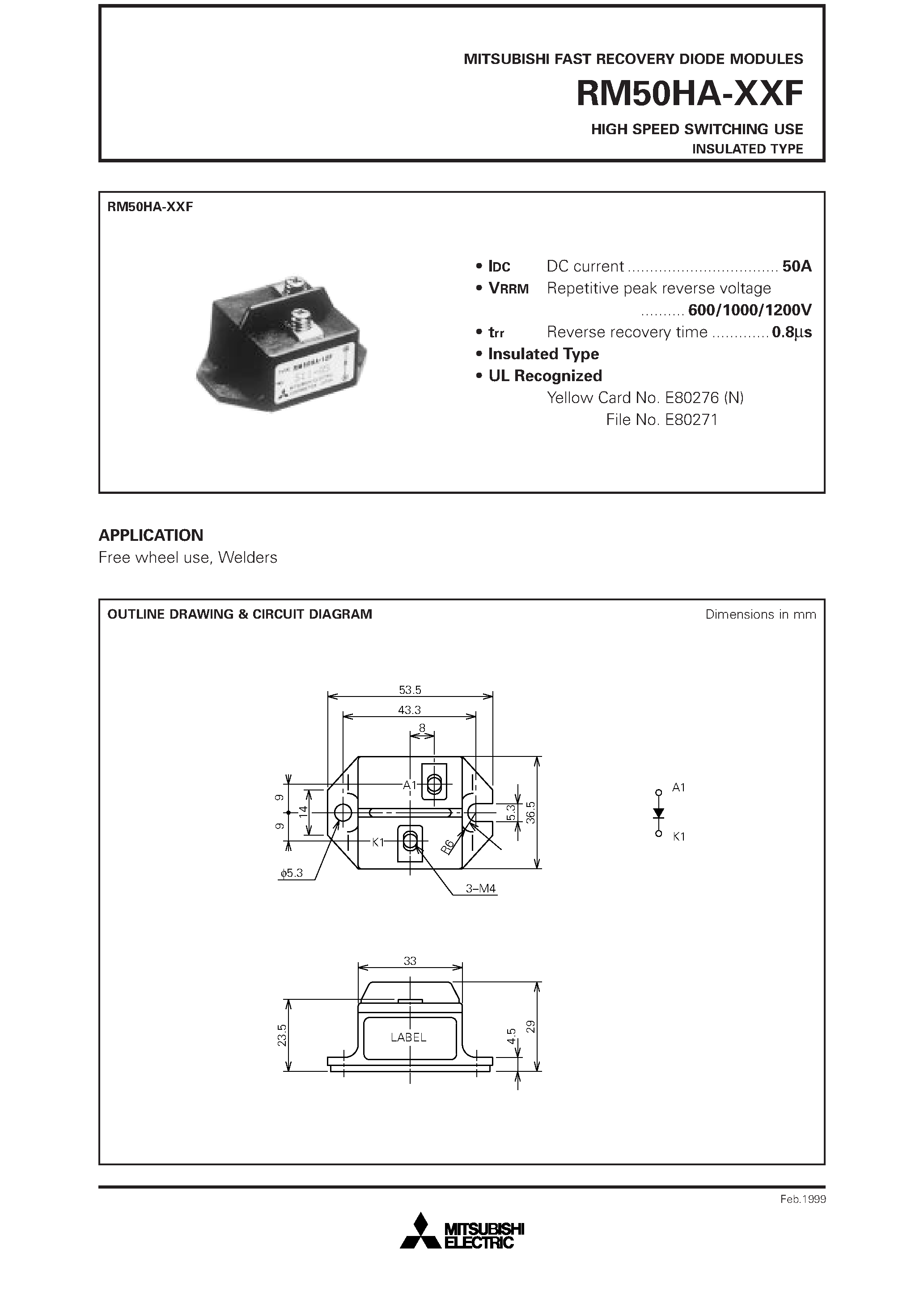 Datasheet RM50 - HIGH SPEED SWITCHING USE INSULATED TYPE page 1