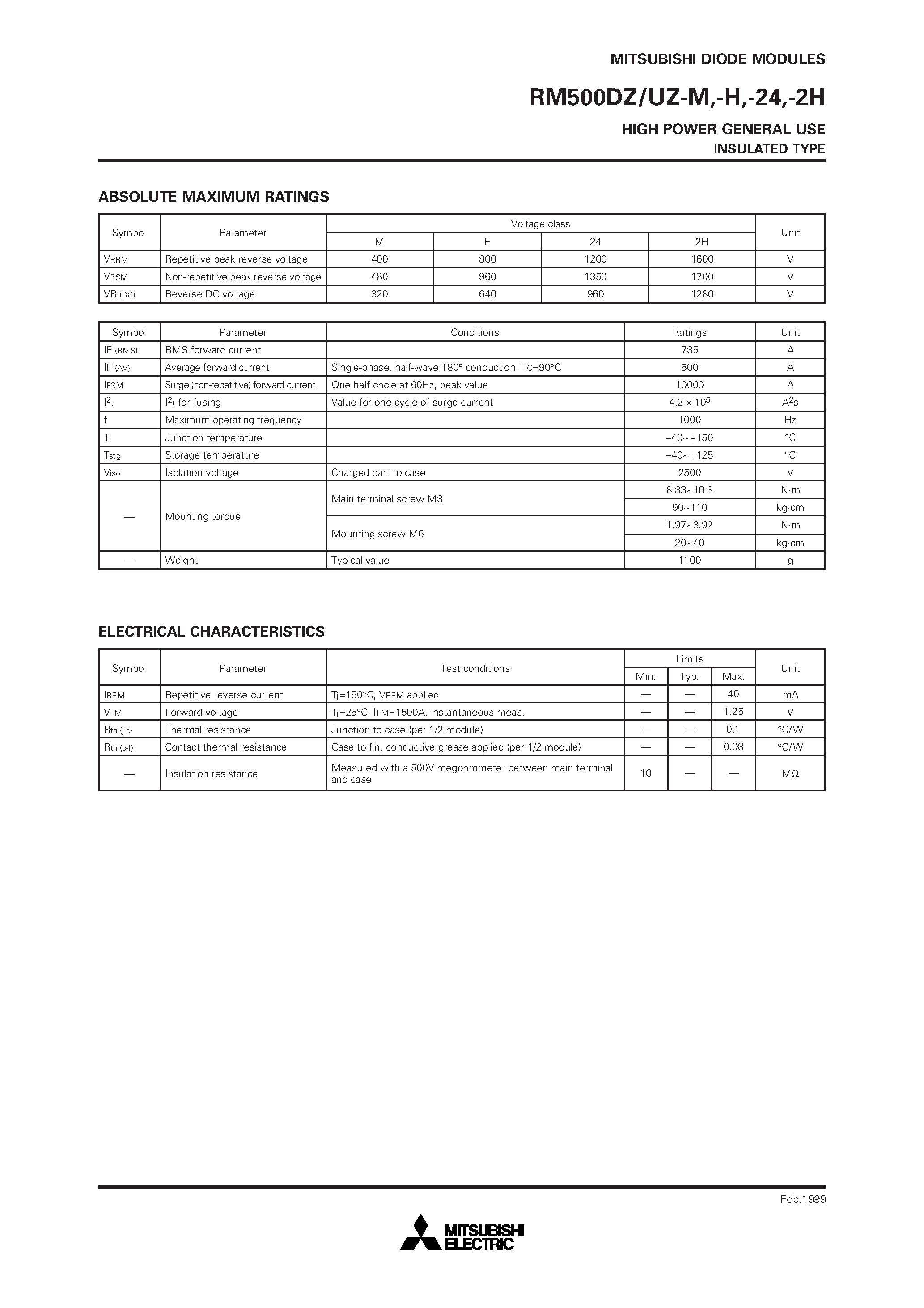 Datasheet RM500DZ-H - HIGH POWER GENERAL USE INSULATED TYPE page 2
