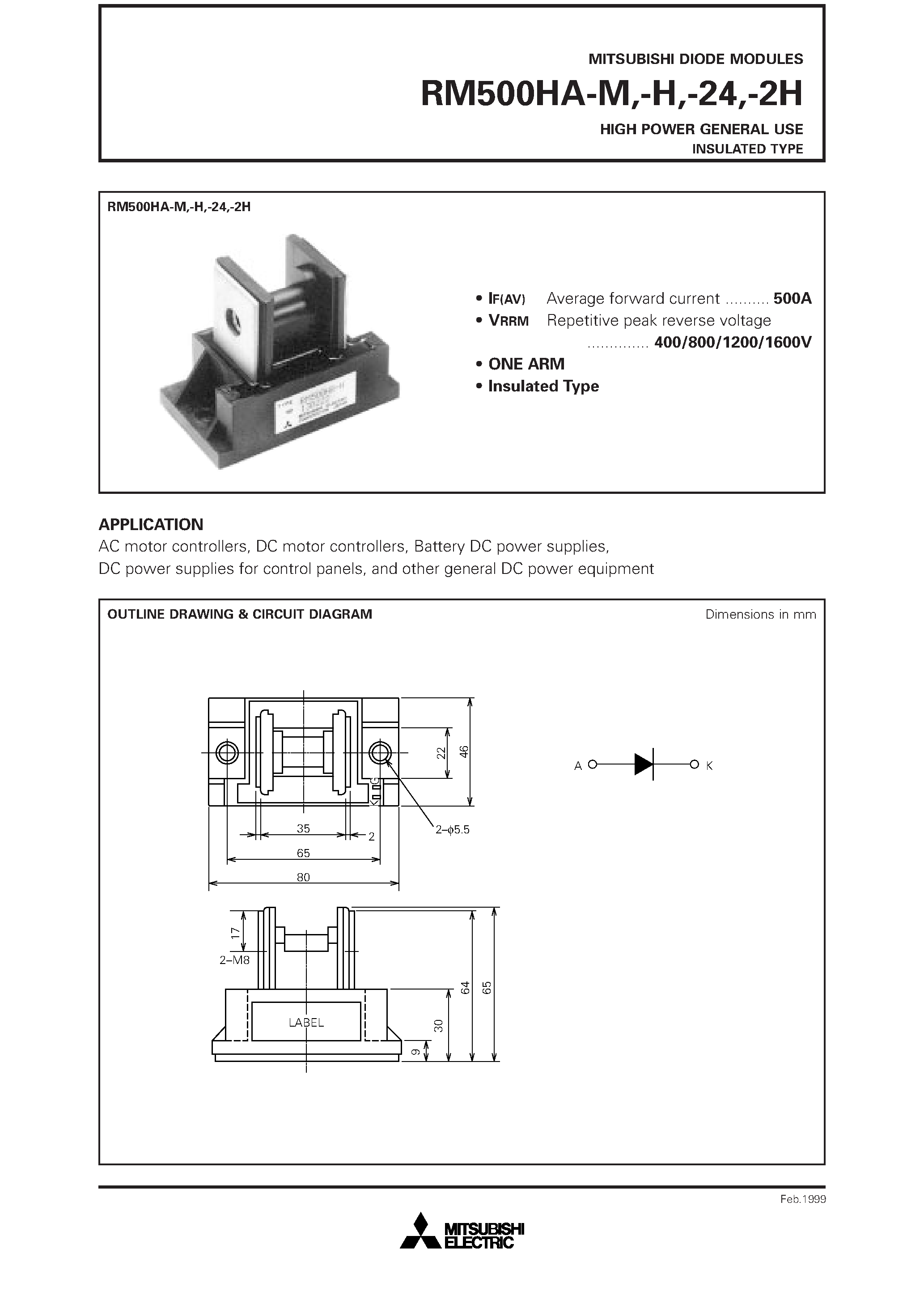 Datasheet RM500HA-H - HIGH POWER GENERAL USE INSULATED TYPE page 1