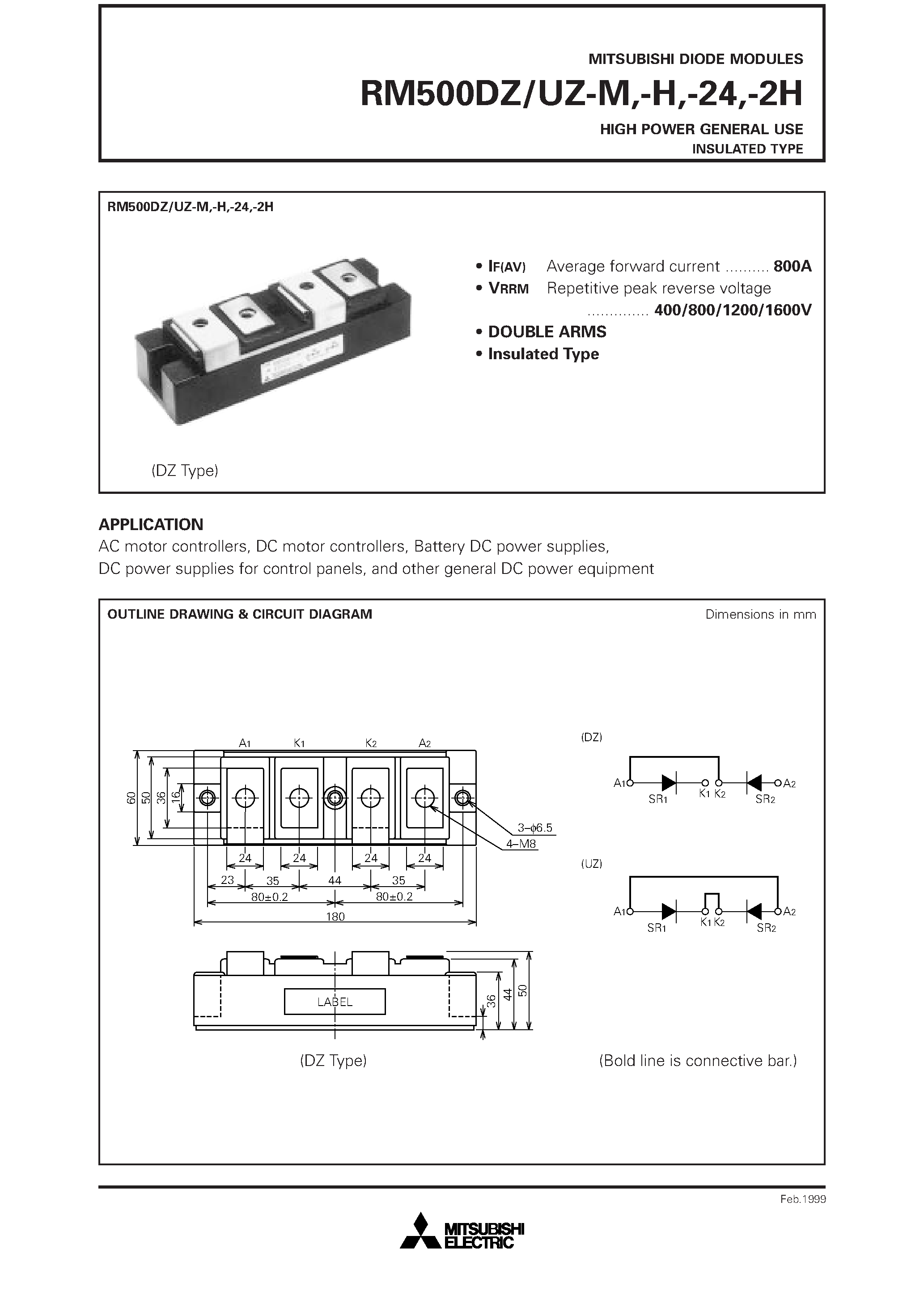Datasheet RM500UZ-M - HIGH POWER GENERAL USE INSULATED TYPE page 1