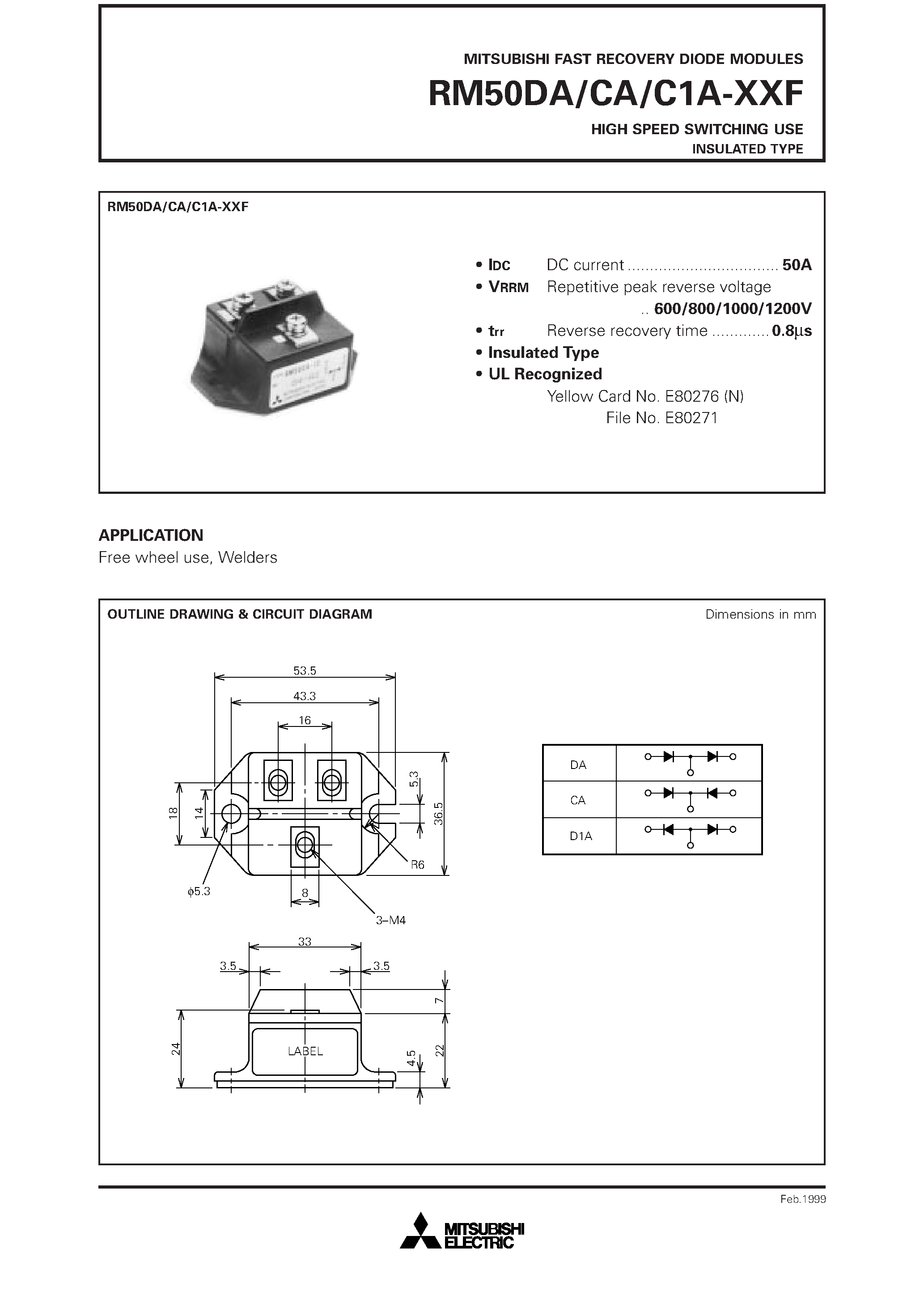 Datasheet RM50DA-XXF - HIGH SPEED SWITCHING USE INSULATED TYPE page 1