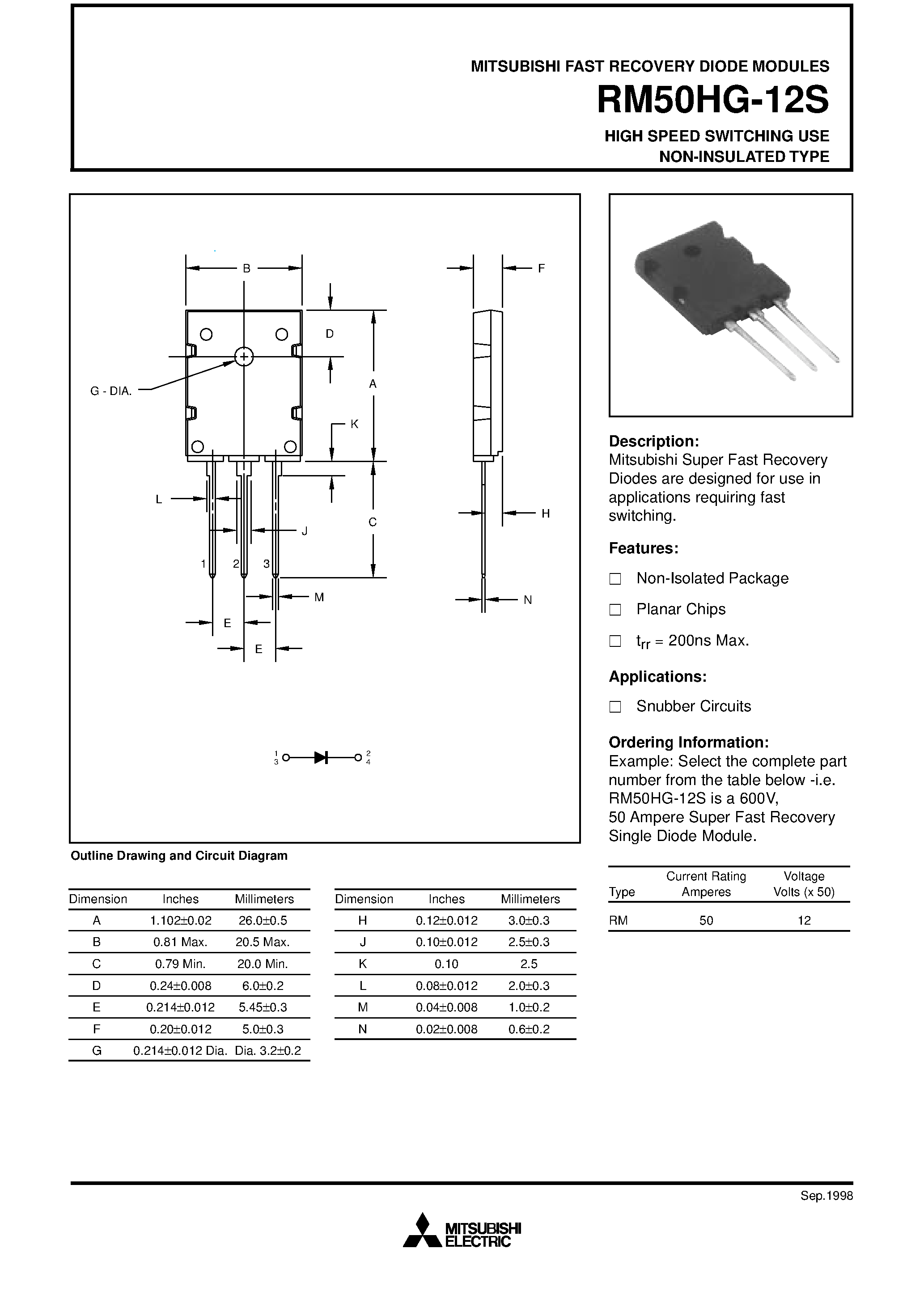 Datasheet RM50HG-12S - HIGH SPEED SWITCHING USE NON-INSULATED TYPE page 1