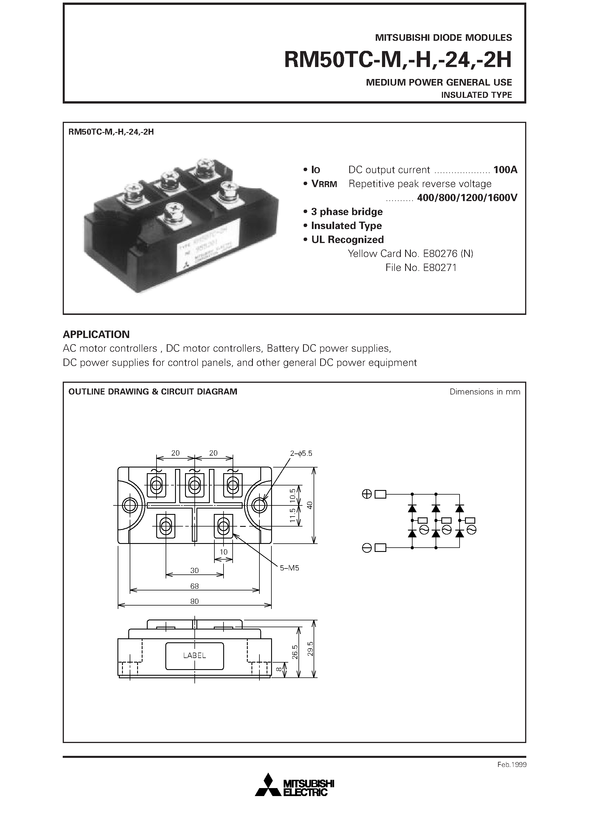 Даташит RM50TC-M - MEDIUM POWER GENERAL USE INSULATED TYPE страница 1