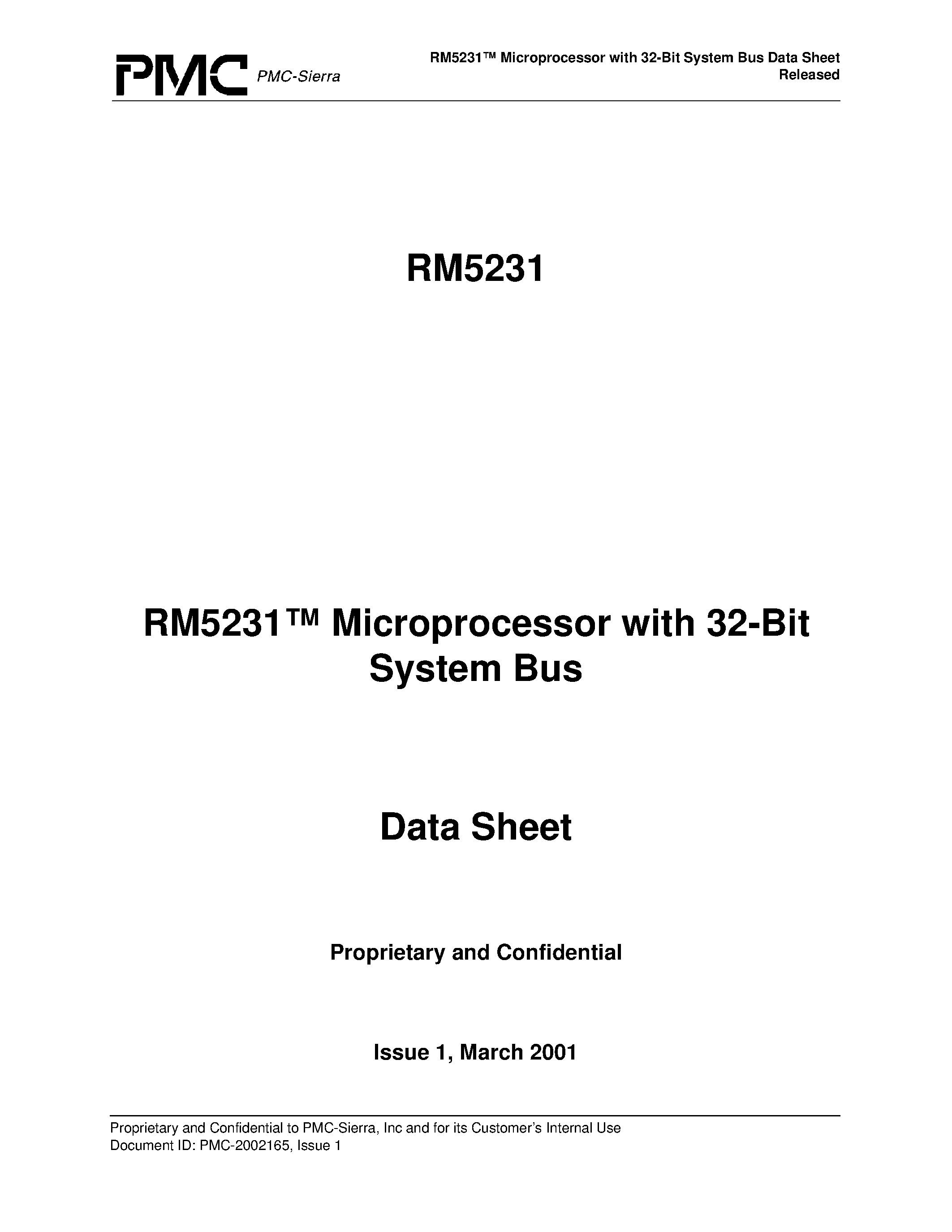 Datasheet RM5231-150-Q - RM5231 Microprocessor with 32-Bit System Bus Data Sheet Released page 1