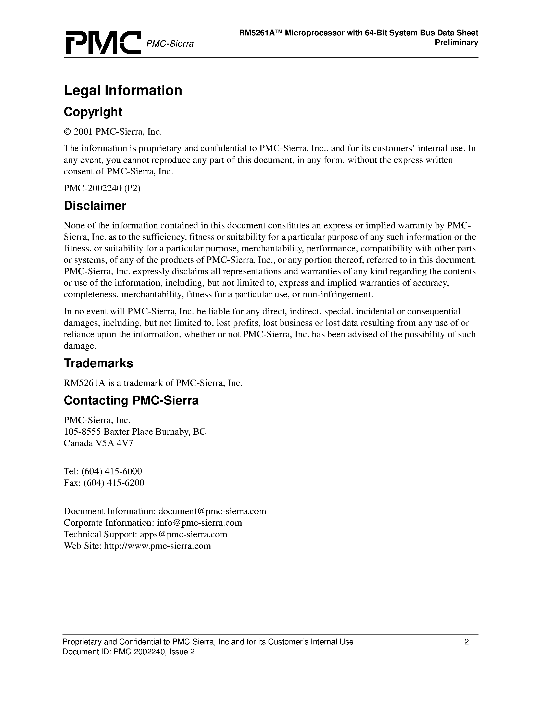 Datasheet RM5261A-300-H - RM5261A Microprocessor with 64-Bit System Bus Data Sheet Preliminary page 2