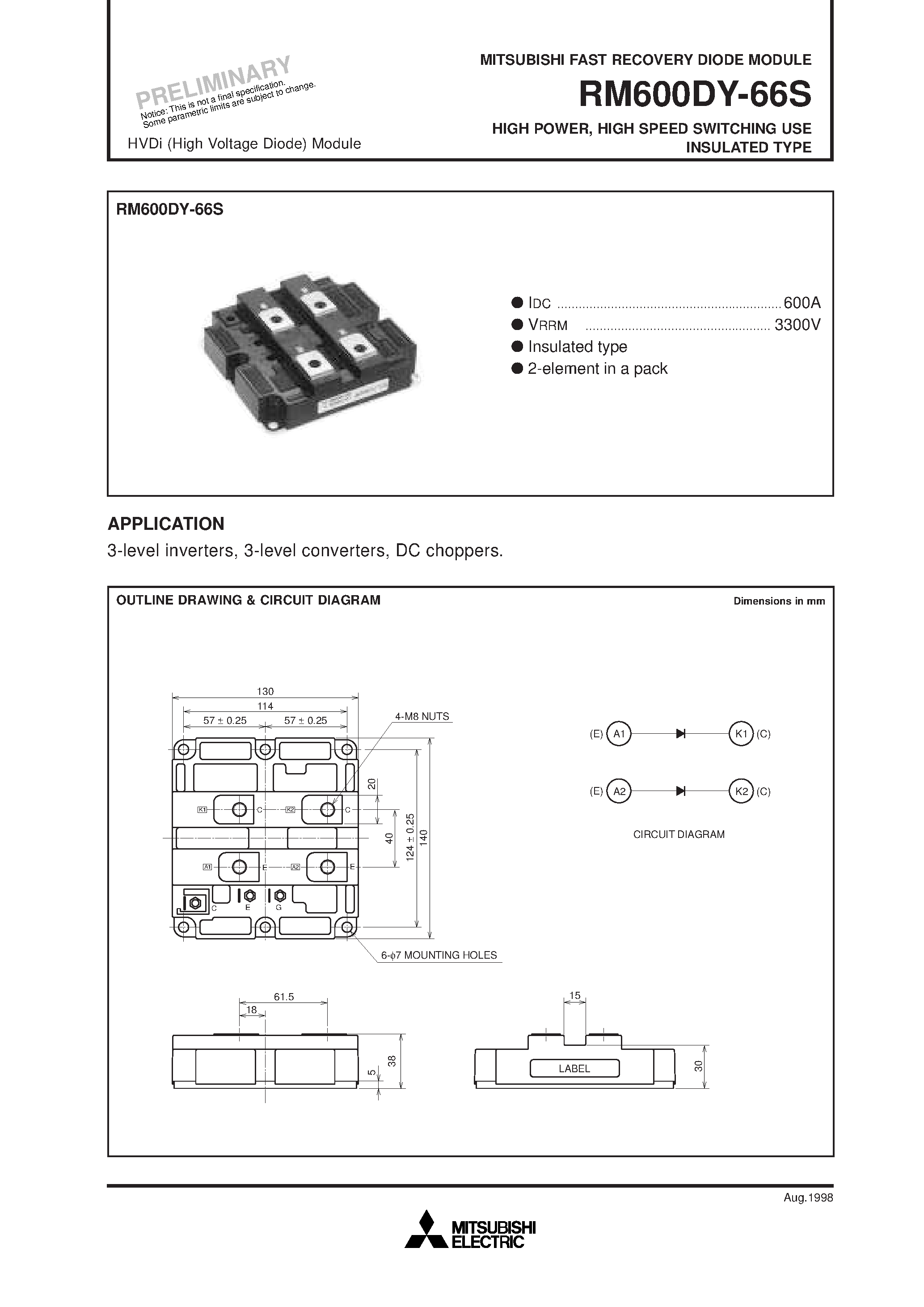 Datasheet RM600DY-66S - HIGH POWER/ HIGH SPEED SWITCHING USE INSULATED TYPE page 1