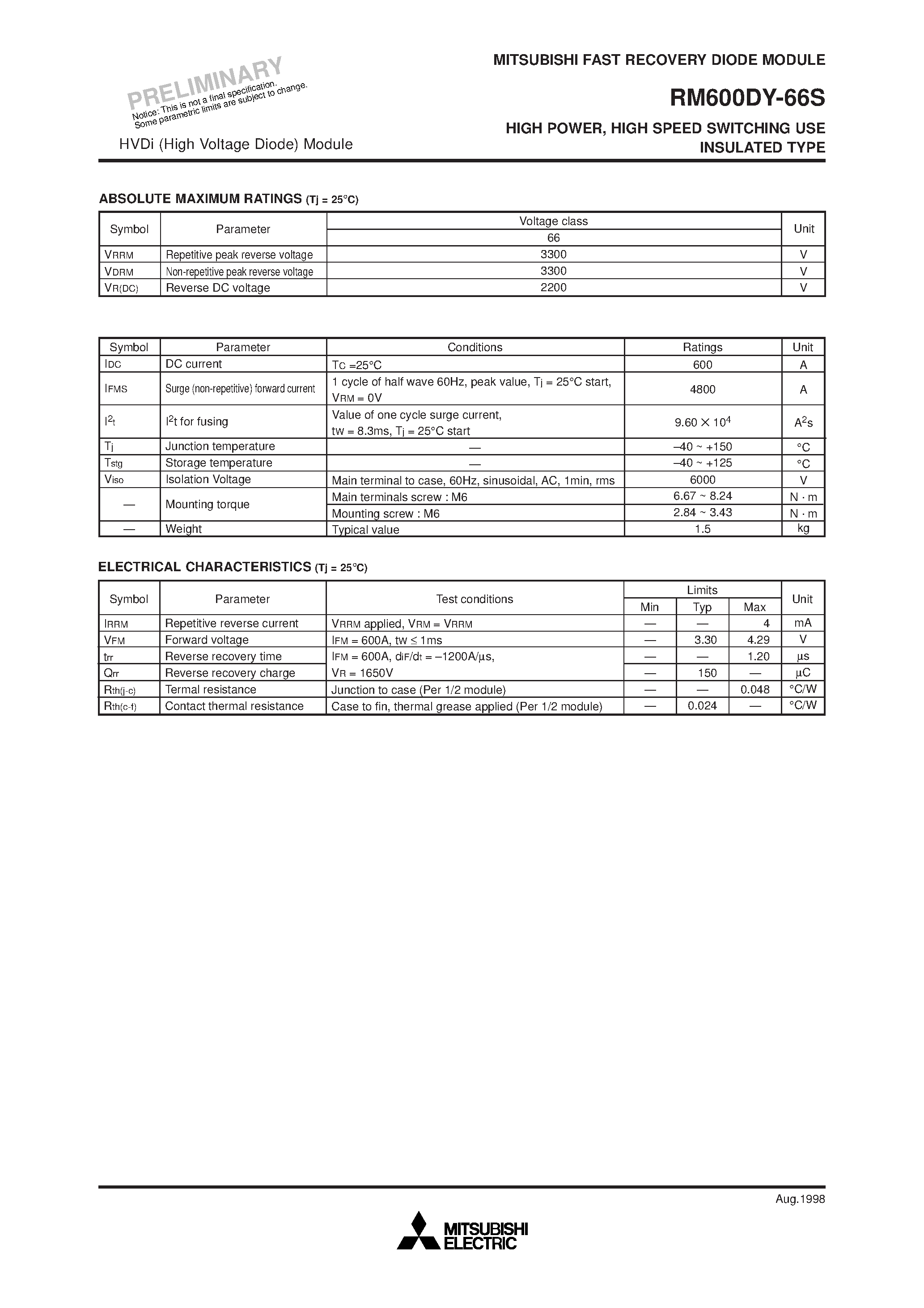 Datasheet RM600DY-66S - HIGH POWER/ HIGH SPEED SWITCHING USE INSULATED TYPE page 2