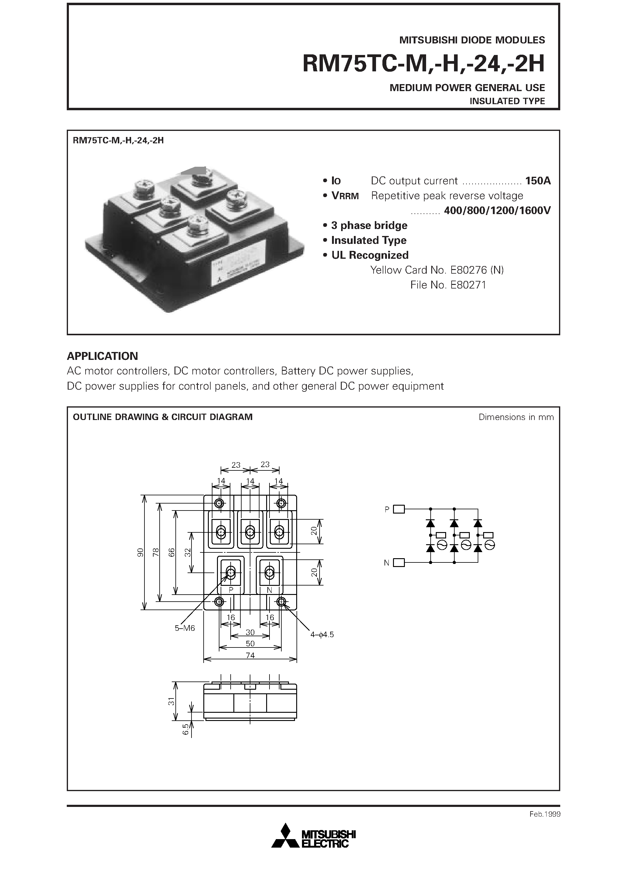 Datasheet RM75TC-H - MEDIUM POWER GENERAL USE INSULATED TYPE page 1