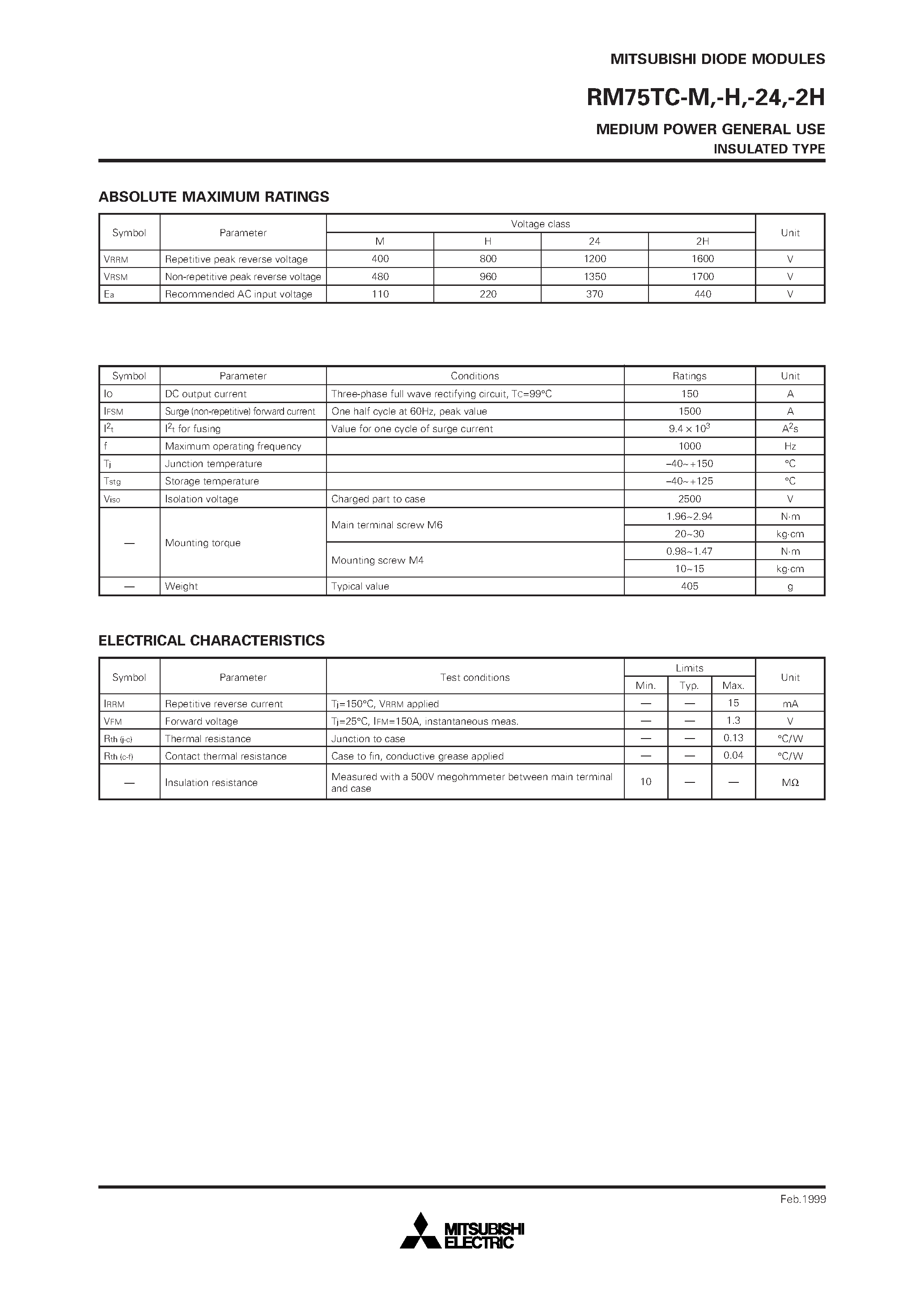 Datasheet RM75TC-H - MEDIUM POWER GENERAL USE INSULATED TYPE page 2