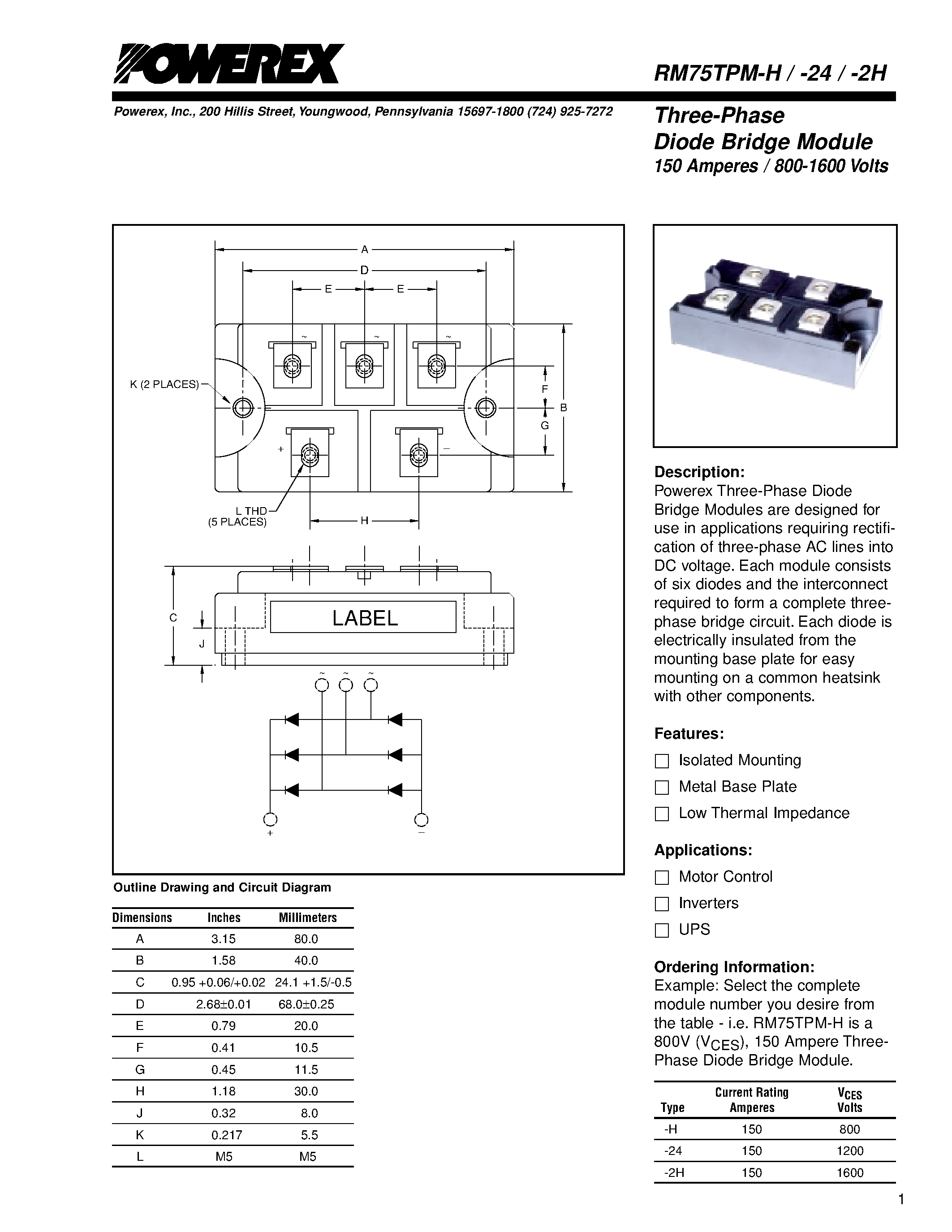 Datasheet RM75TPM-H - Three-Phase Diode Bridge Module (150 Amperes / 800-1600 Volts) page 1