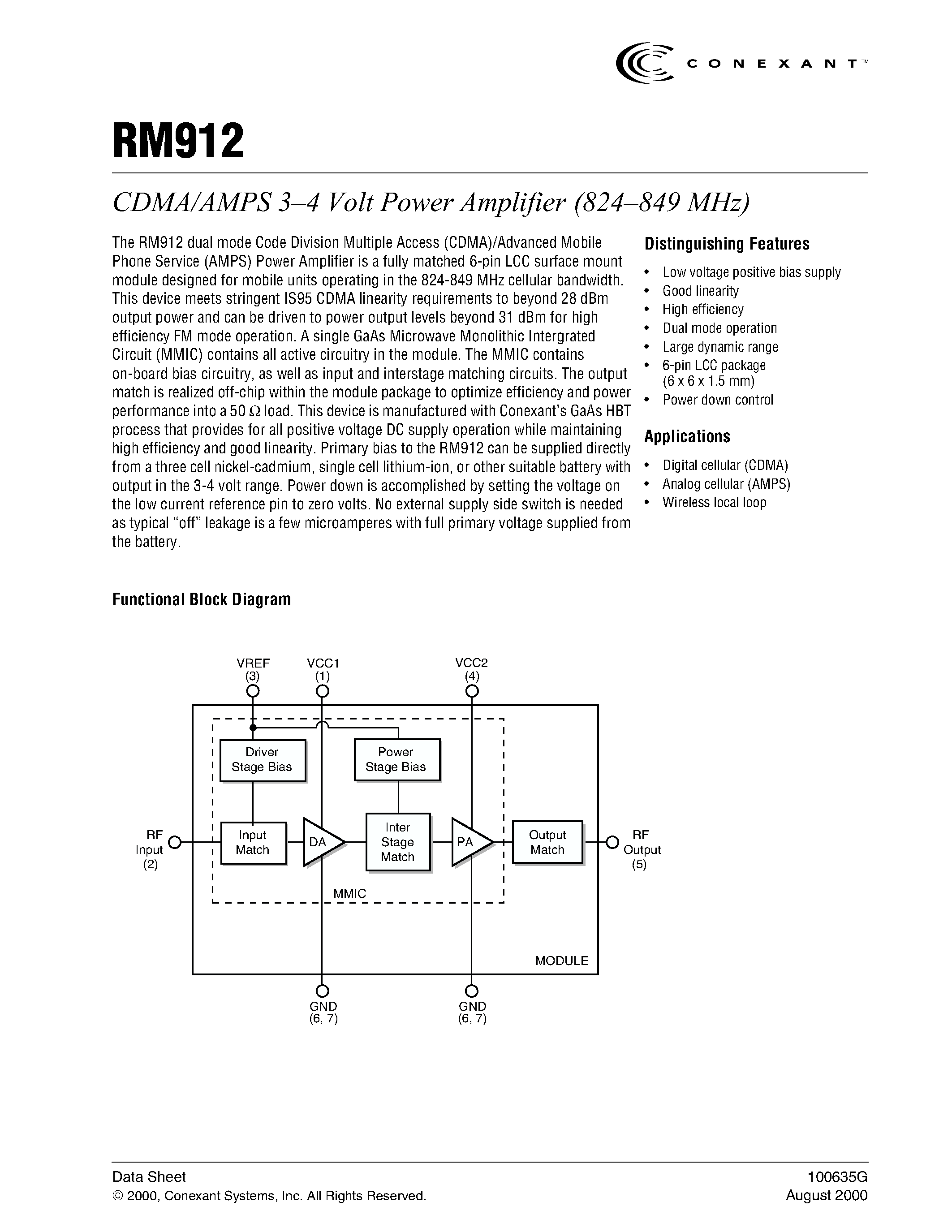 Datasheet RM912 - CDMA/AMPS 3-4 Volt Power Amplifier (824849 MHz) page 1
